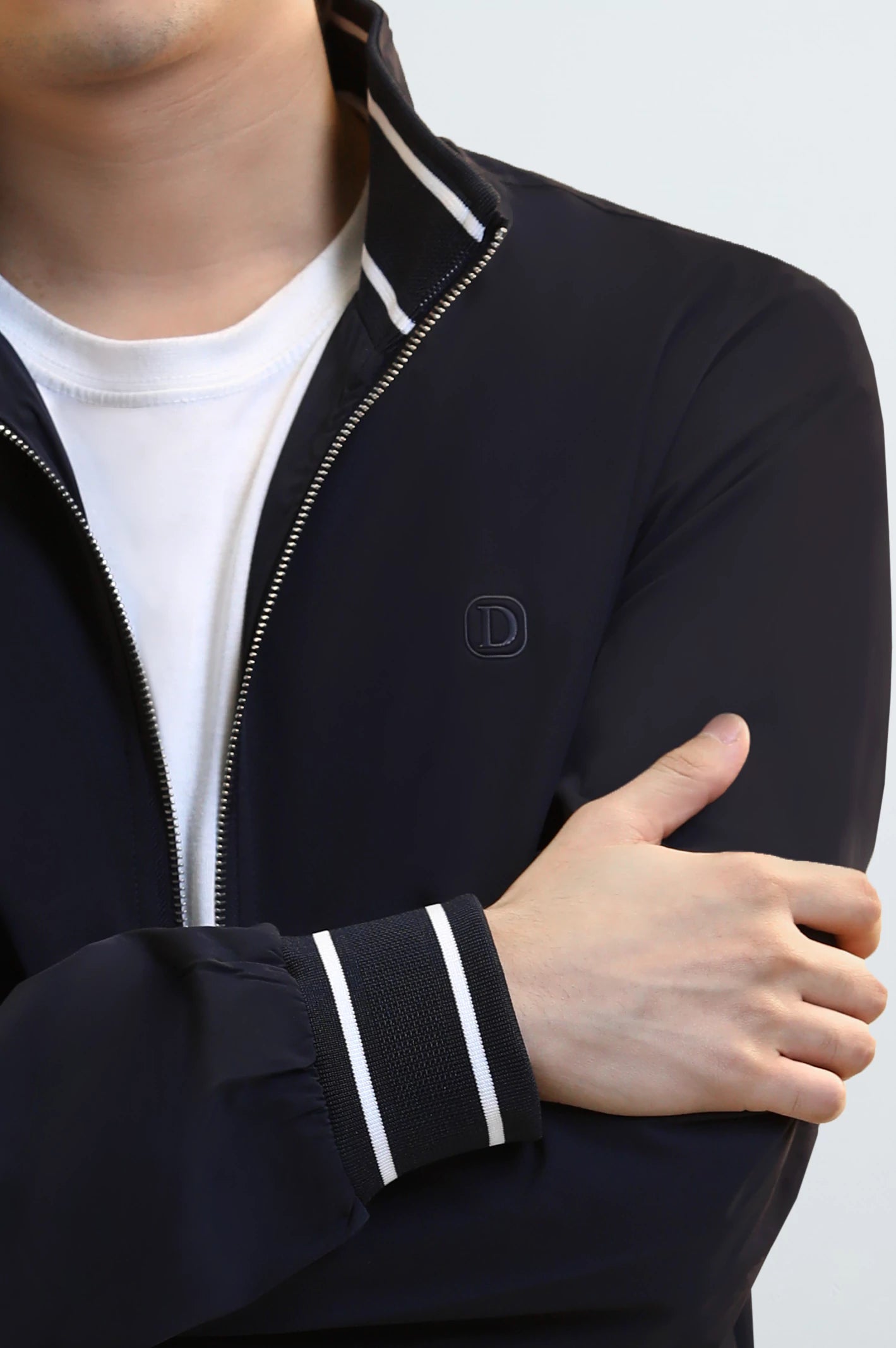 Men's Navy Blue Bomber Jacket with Mock Collar - Image 3