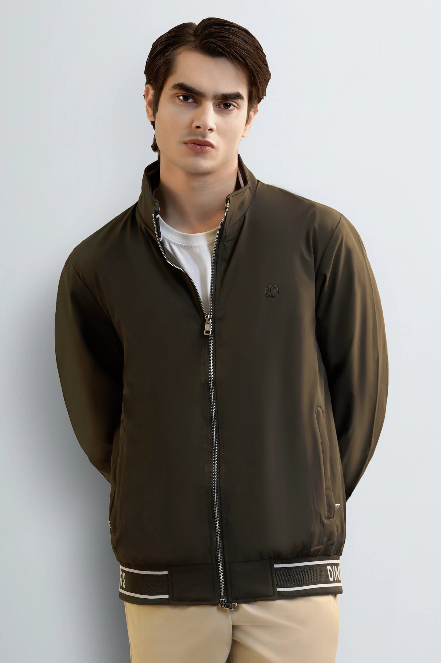 Olive Bomber Jacket with Mock Collar