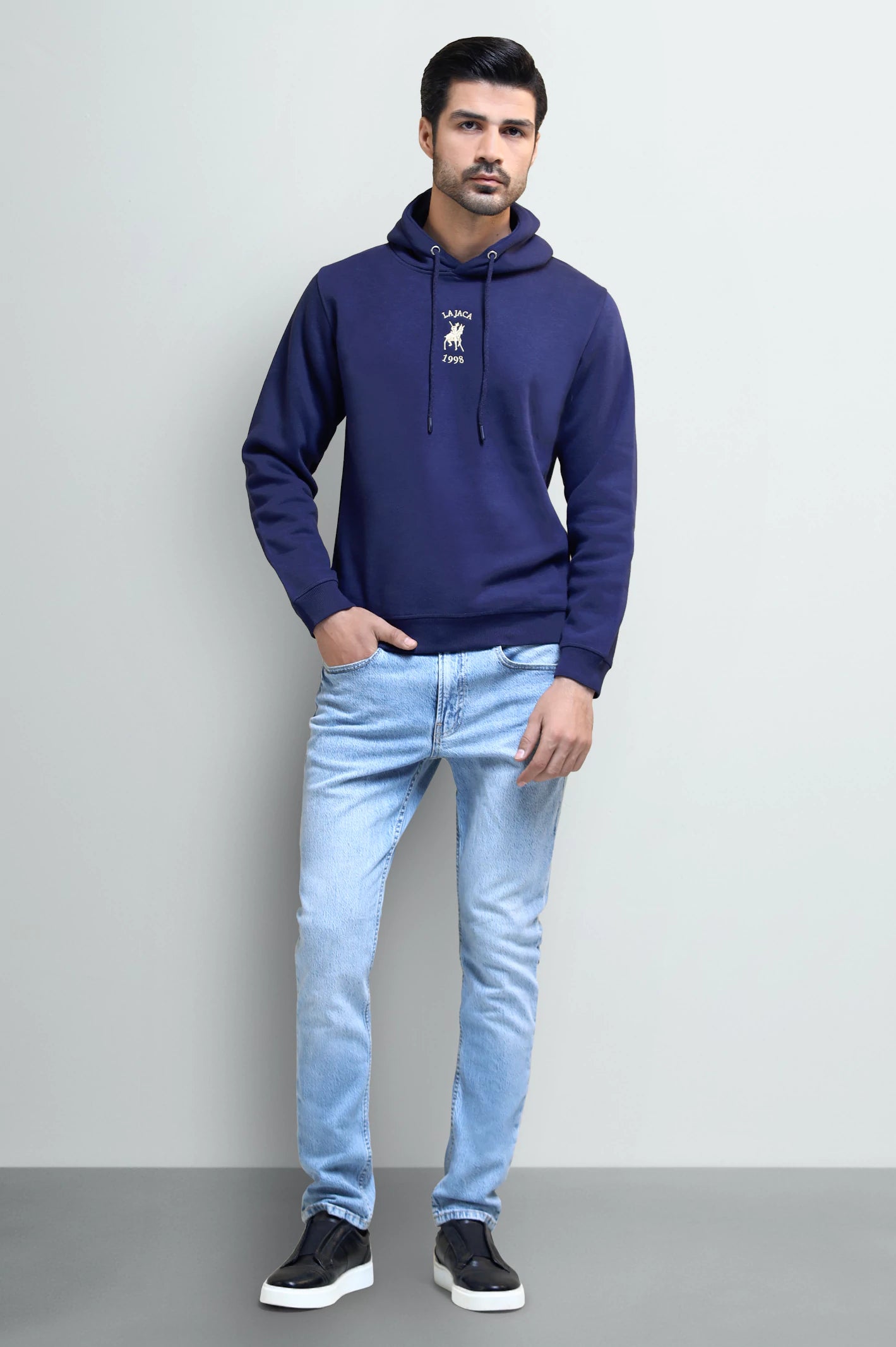 Men's Navy Blue Fleece Hoodie with Logo - Image 2