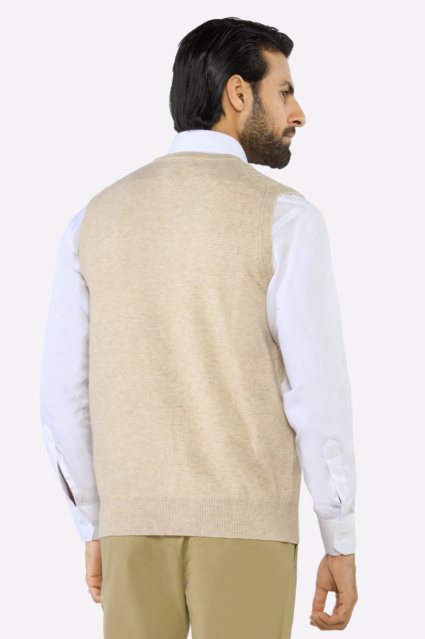 Men V-neck Beige Sleeveless Sweater - Image 3