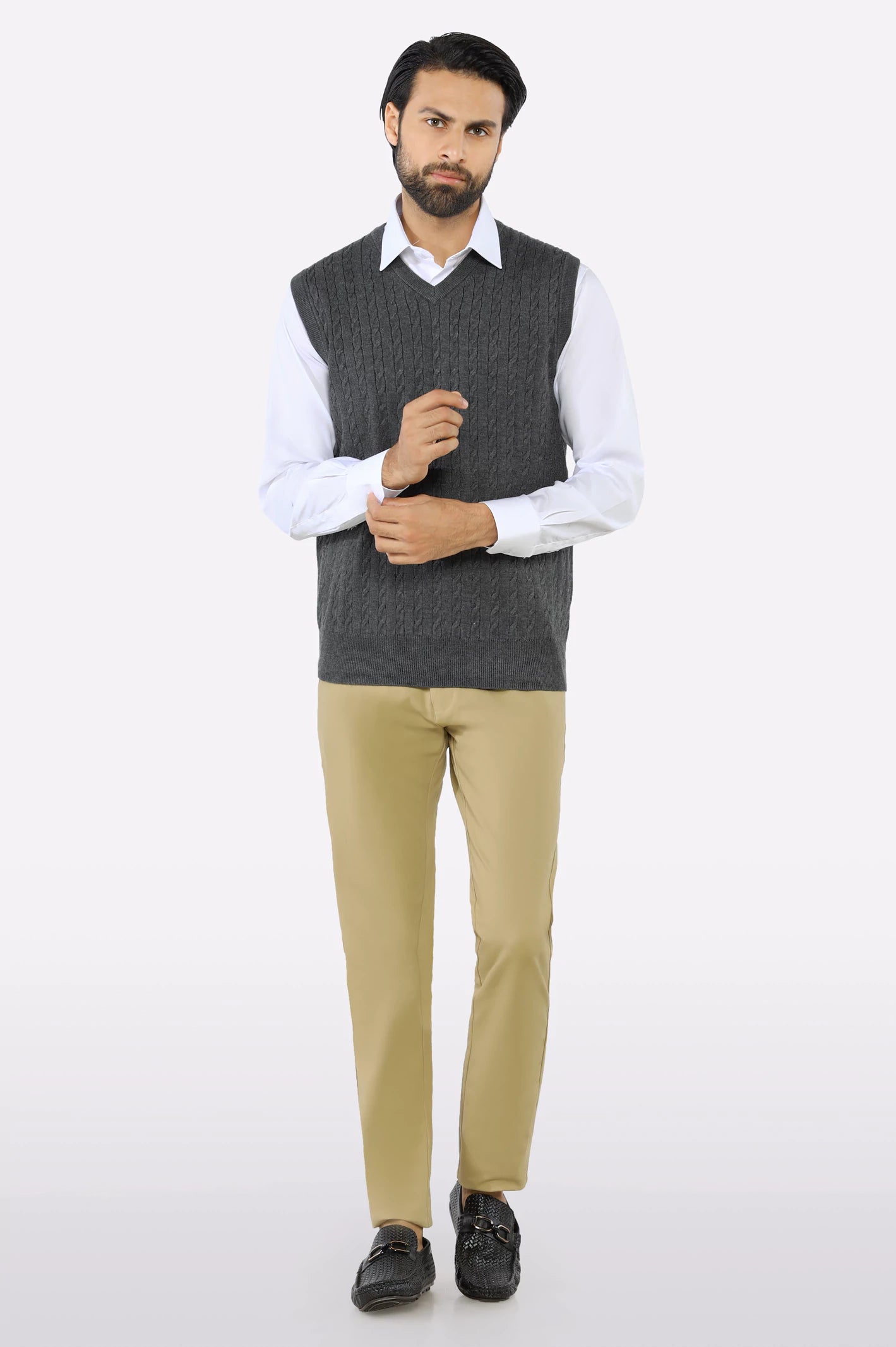 Men V-neck Charcoal Sleeveless Sweater - Image 2