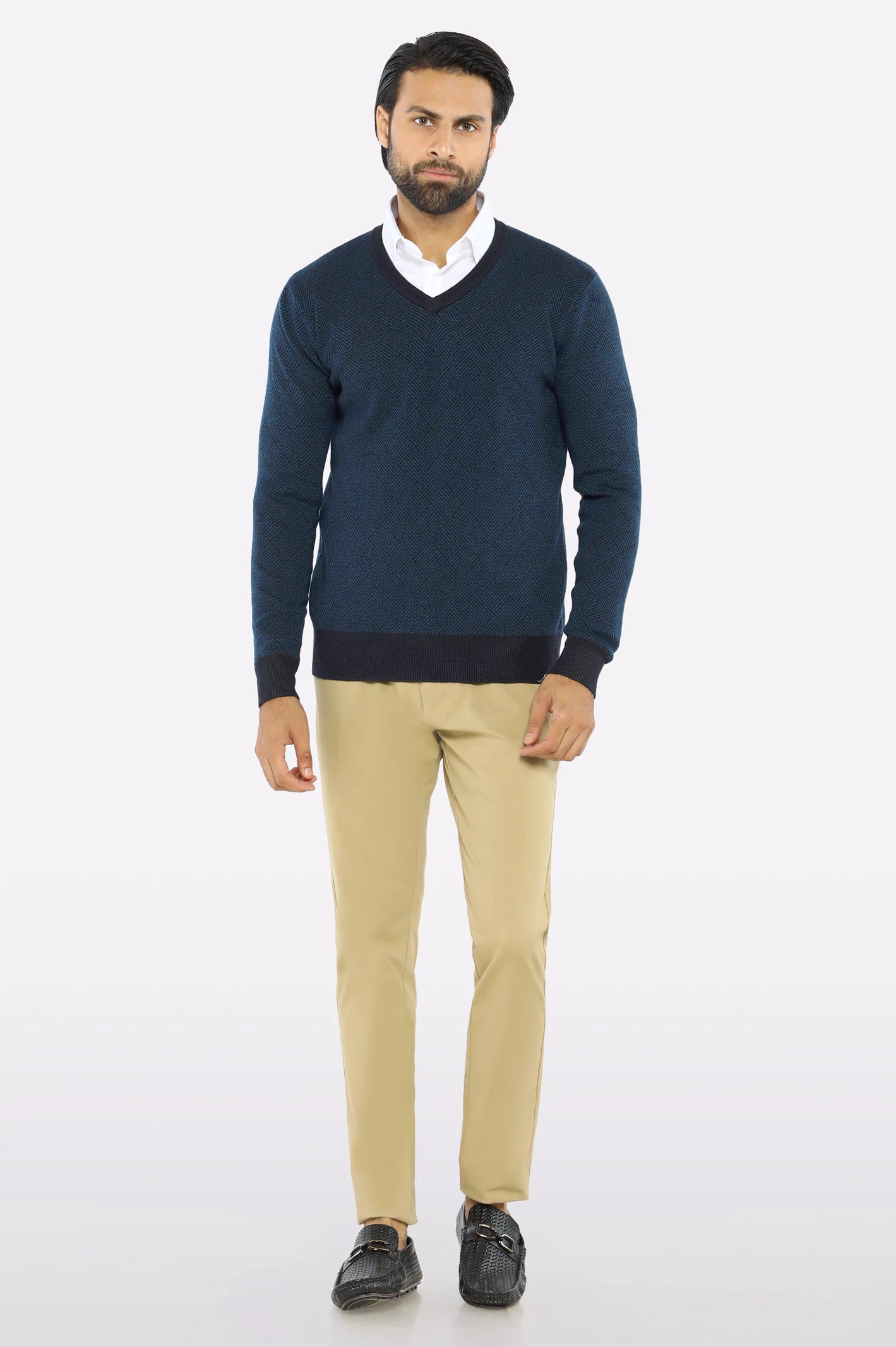 Men V-neck Navy Sleeves Sweater - Image 2