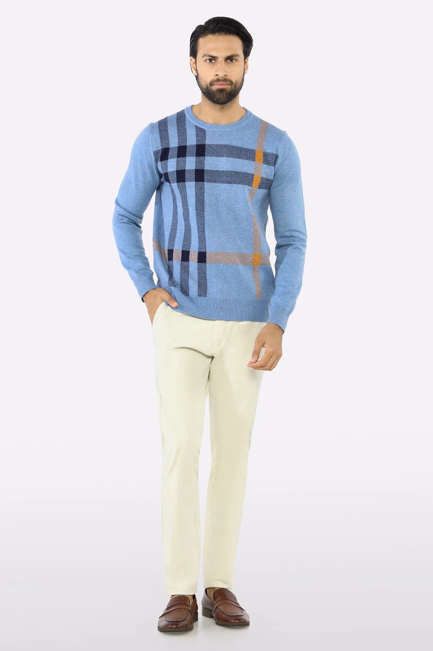 Men Sky Blue Round Neck Sweater - Image 2