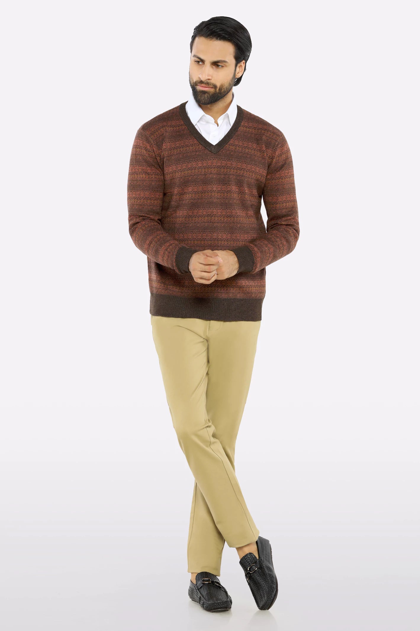Men V-neck Multi Brown Sleeves Sweater - Image 2