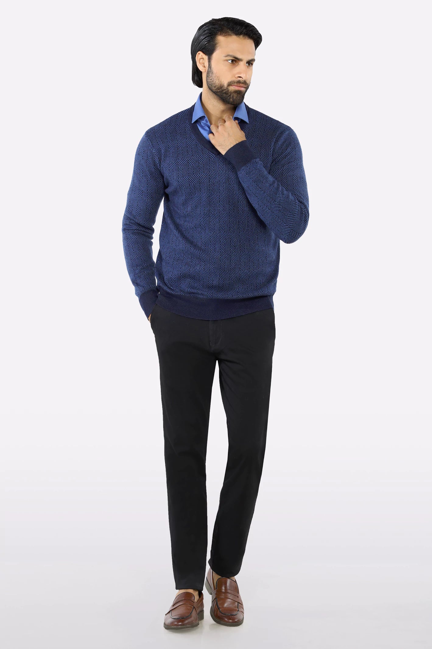 Men V-neck Dark Blue Sleeves Sweater - Image 2