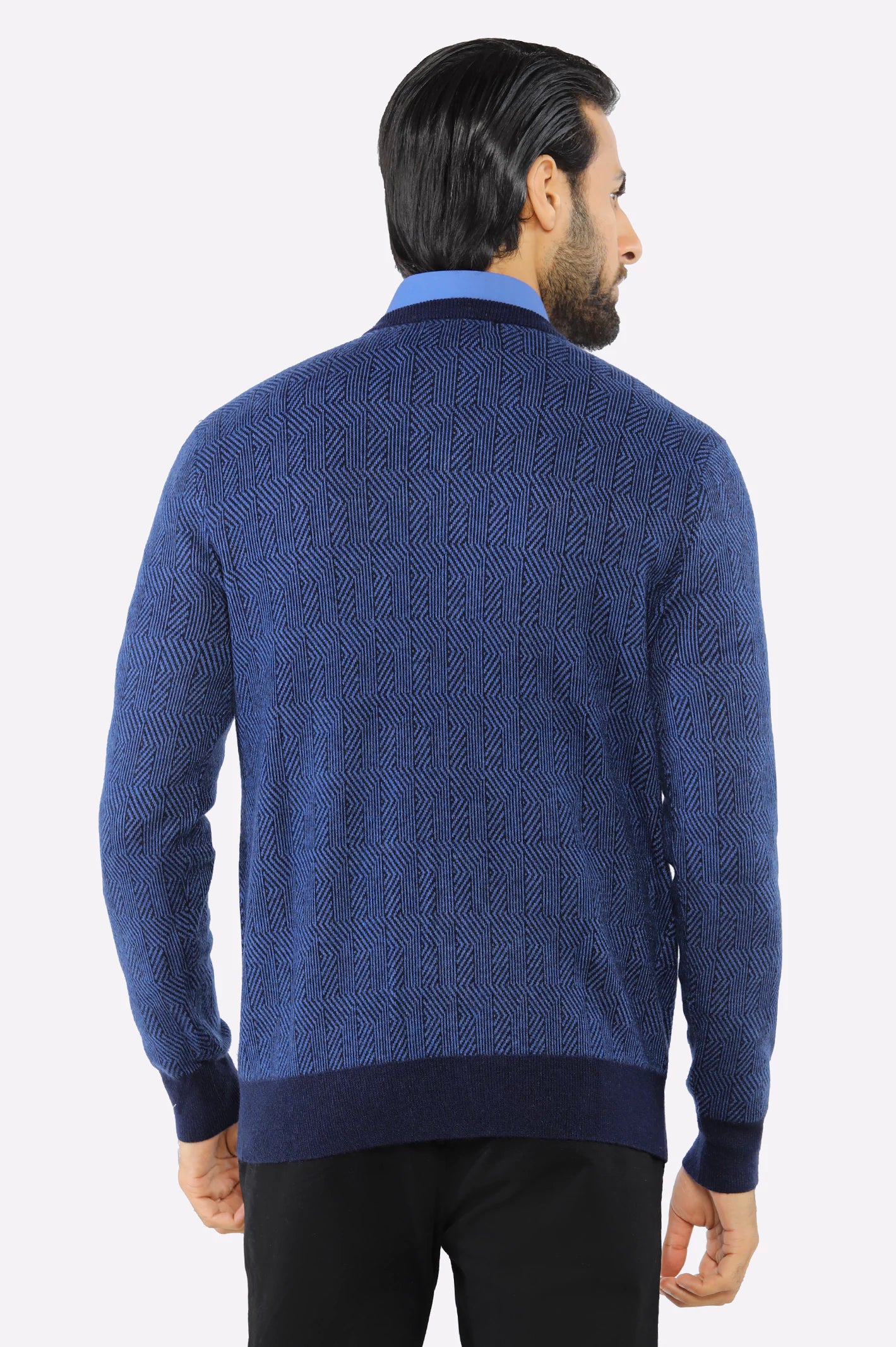 Men V-neck Dark Blue Sleeves Sweater - Image 3