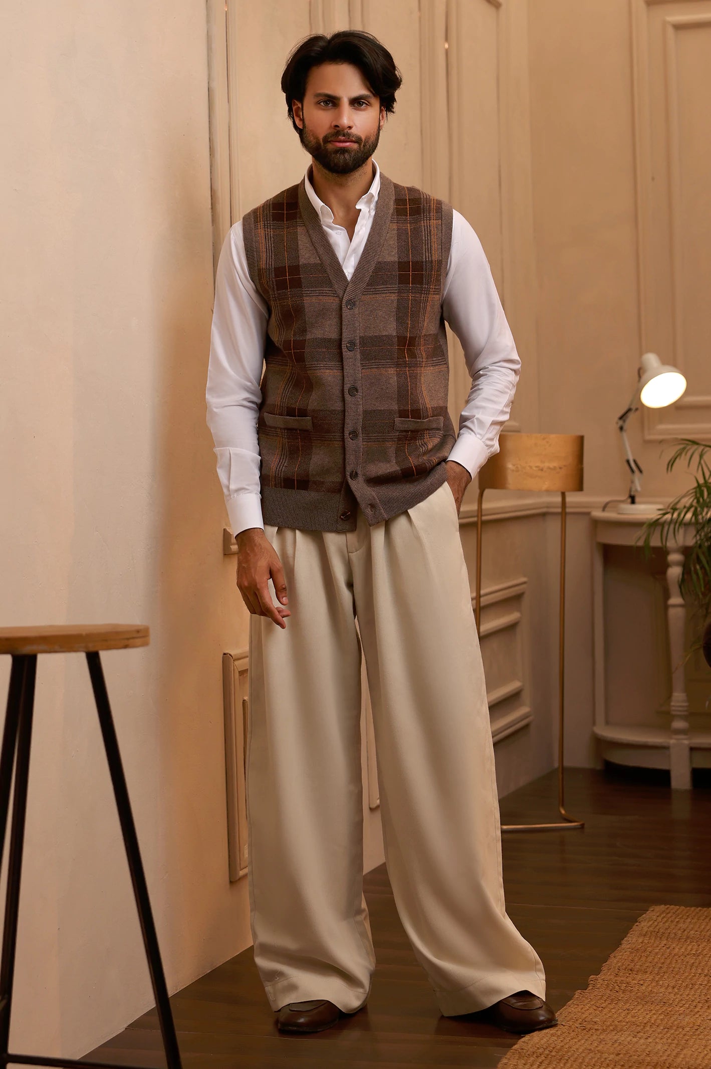 Men Sleeveless Light Brown Cardigan - Image 2