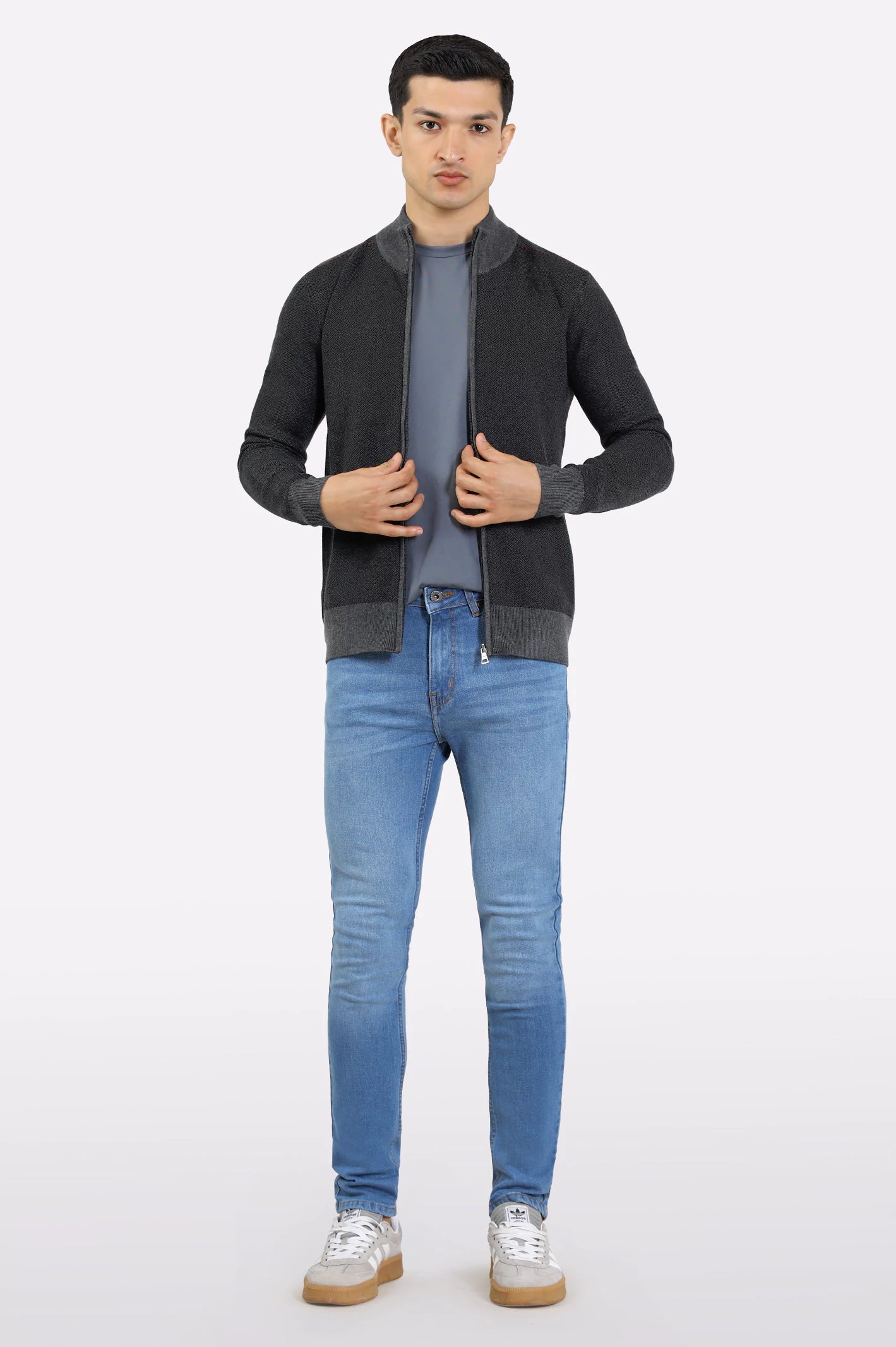 Men Light Grey Zipper Cardigan - Image 2