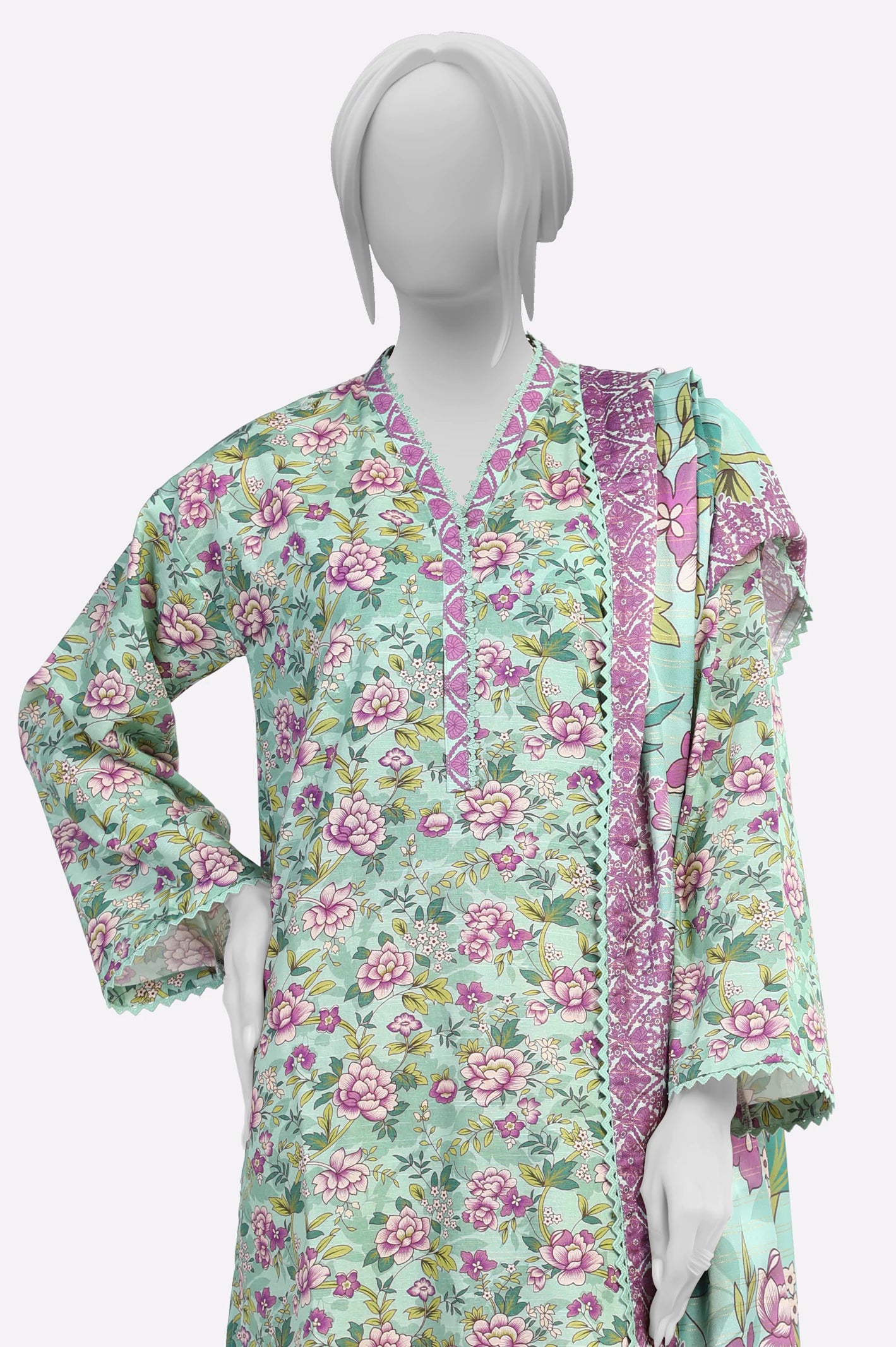 Sea Green Printed Kurti With Dupatta - Image 2