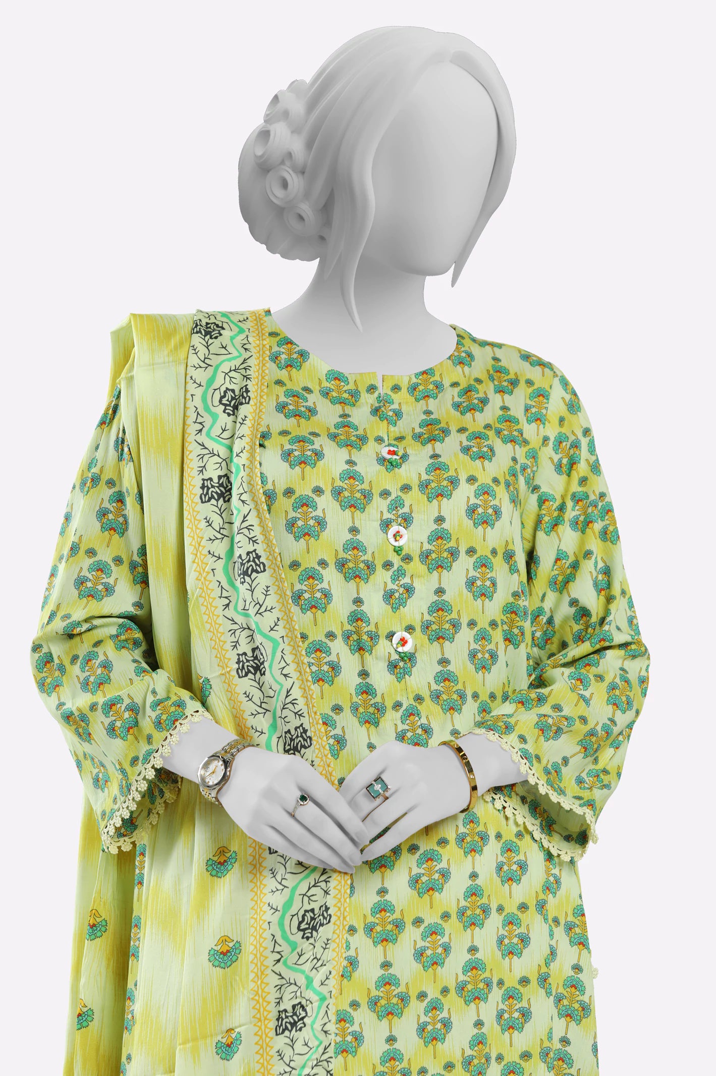 Light Green Printed Kurti With Dupatta - Image 2