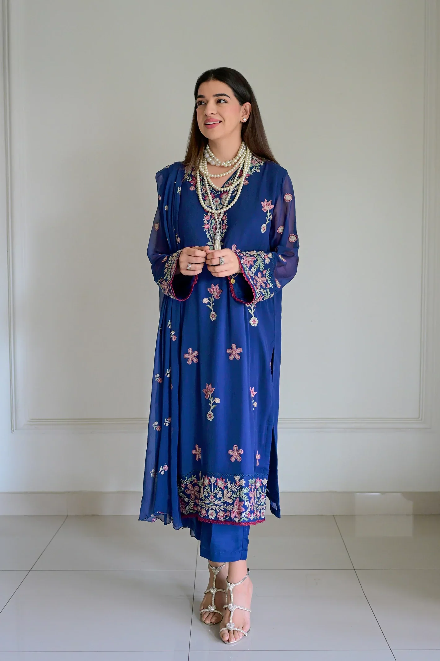 Embroidered Chiffon Blue 3PC - Image 3