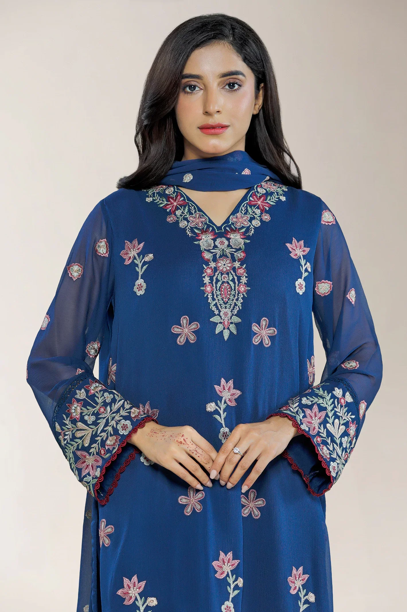 Embroidered Chiffon Blue 3PC - Image 5