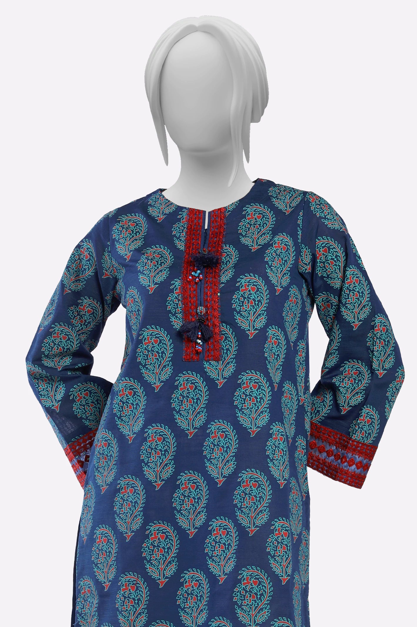 Navy Blue Printed Embroidered Kurti - Image 2