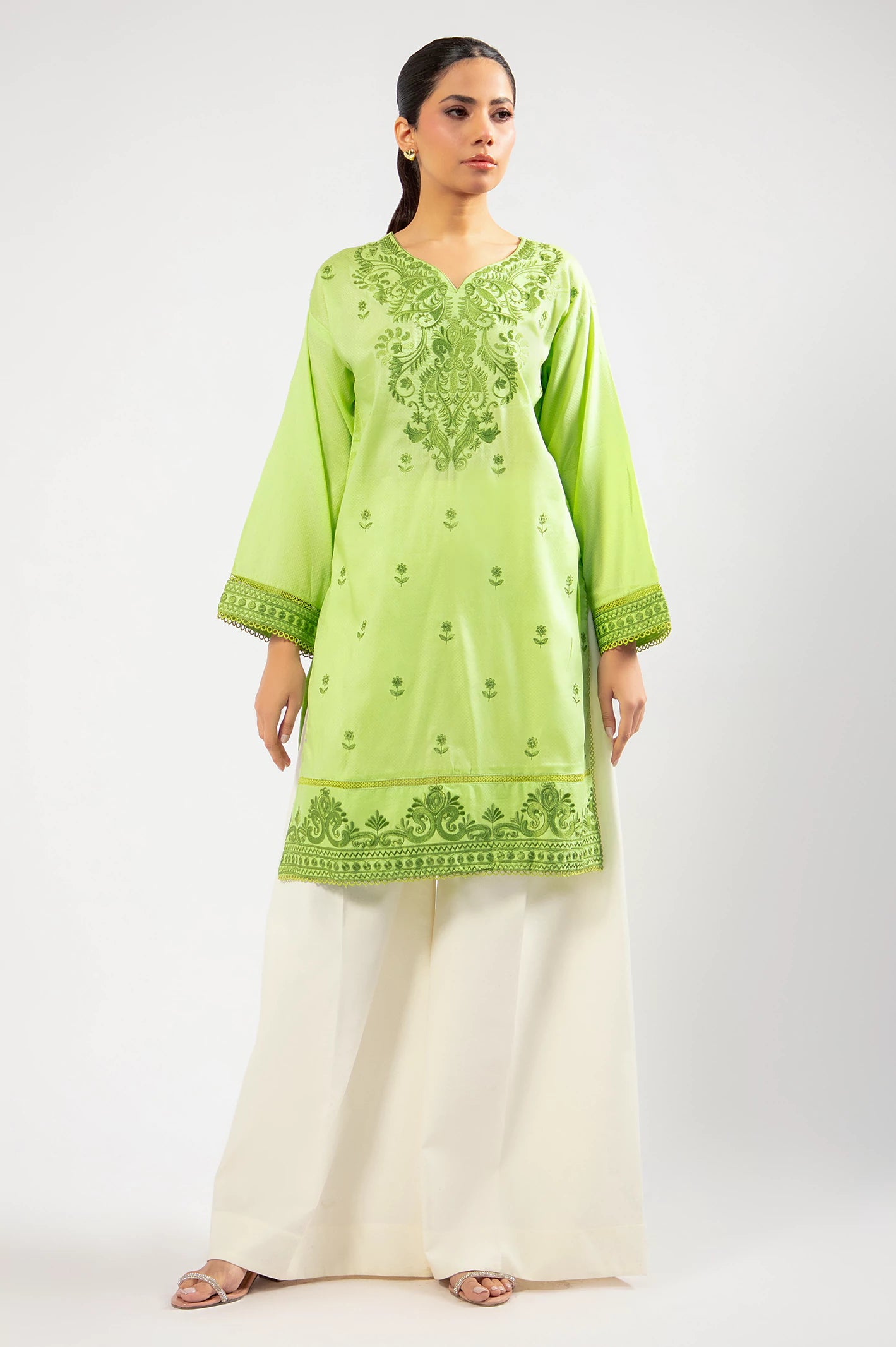 Light Green Embroidered Kurti - Image 2