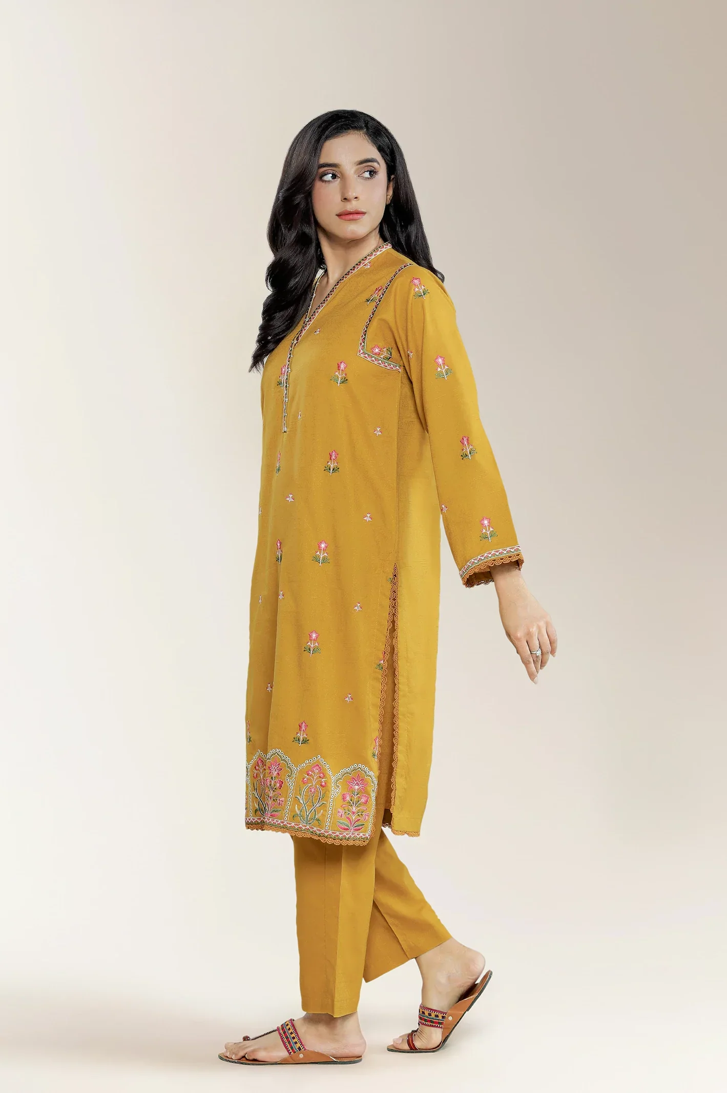 Embroidered Jacquard Mustard 2PC - Image 3