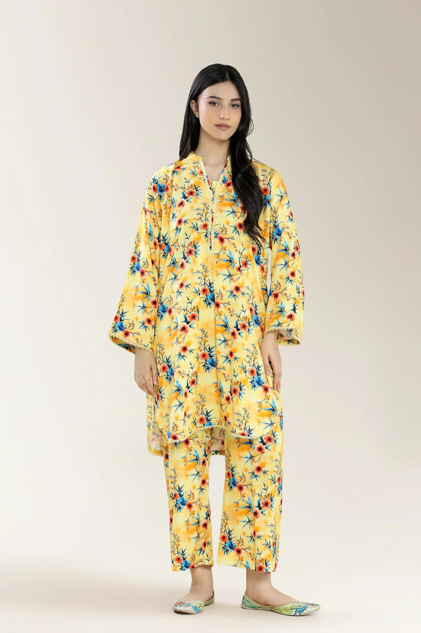 Basic Printed Viscose Linen-Yellow 2PC