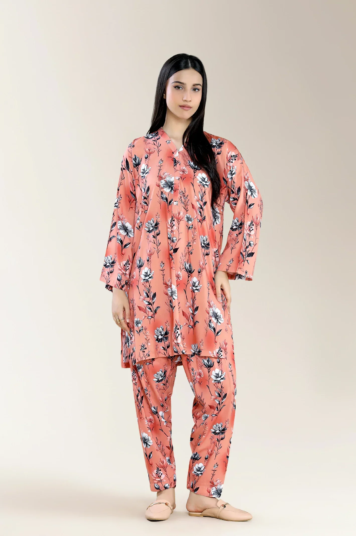 Printed Viscose Linen Peach 2Pc