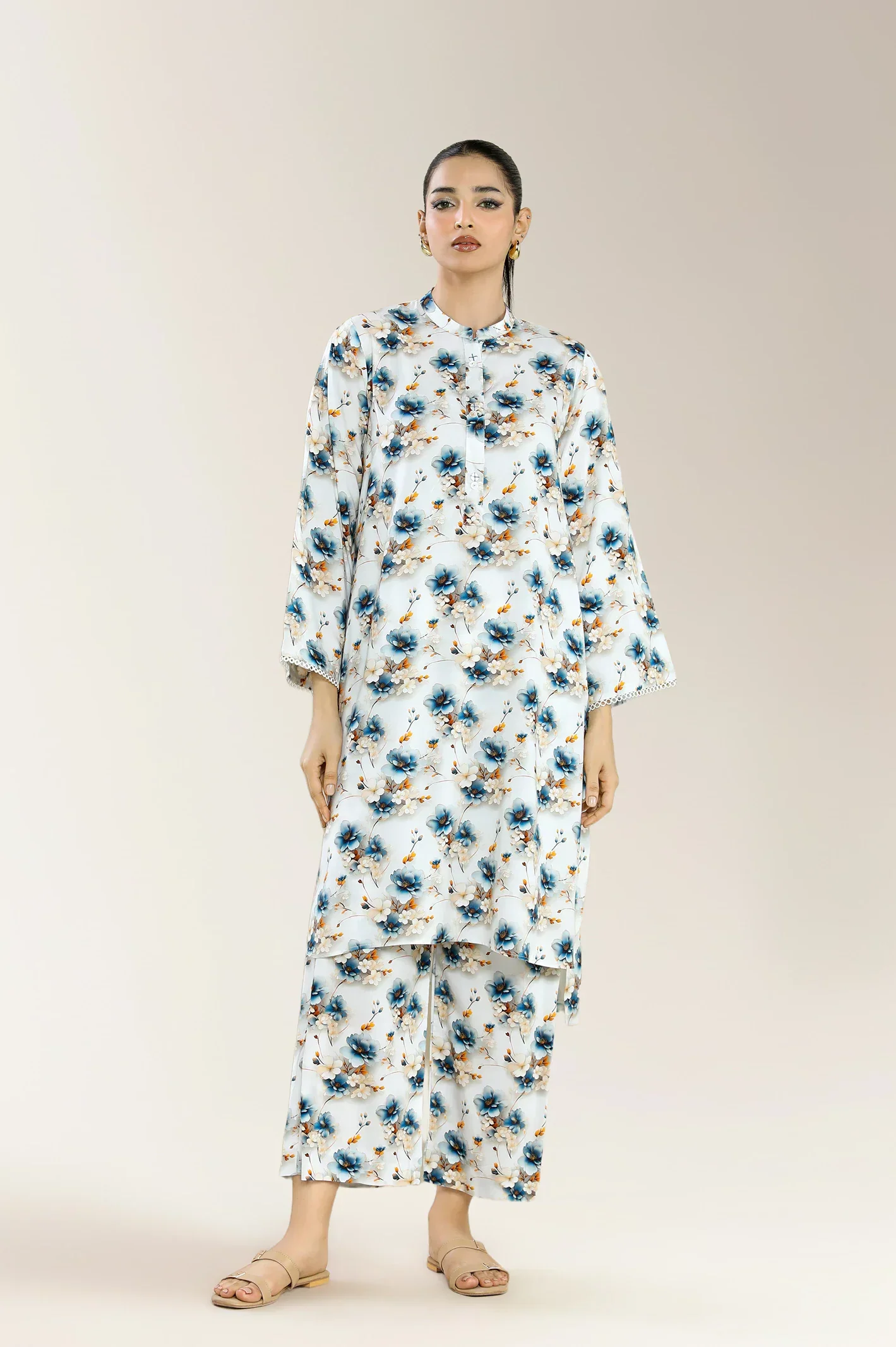 Printed Viscose Linen-Ash White 2PC