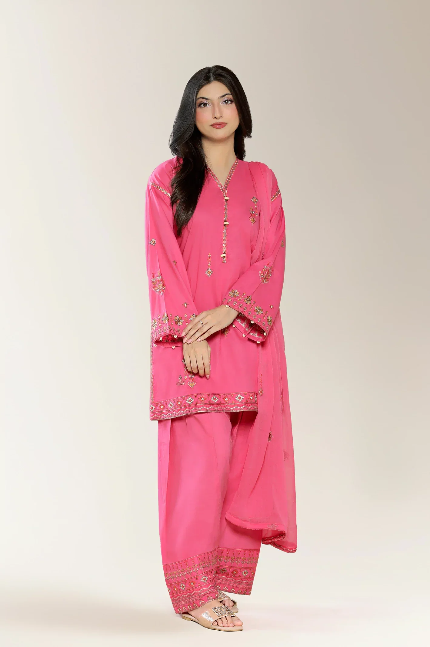 Embroidered Cambric-Fushia 3PC