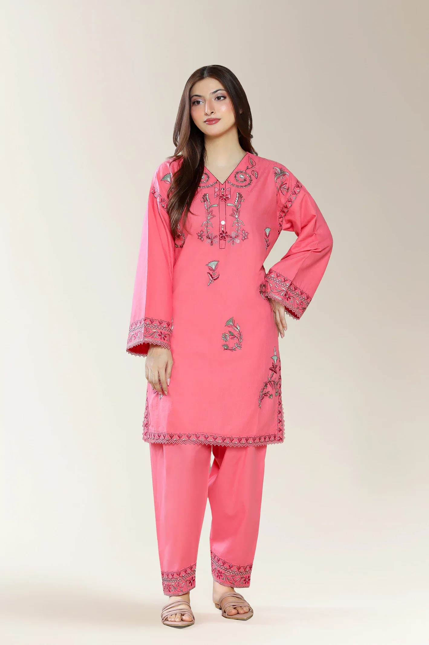 Embroidered Self Jacquard-Coral 2PC