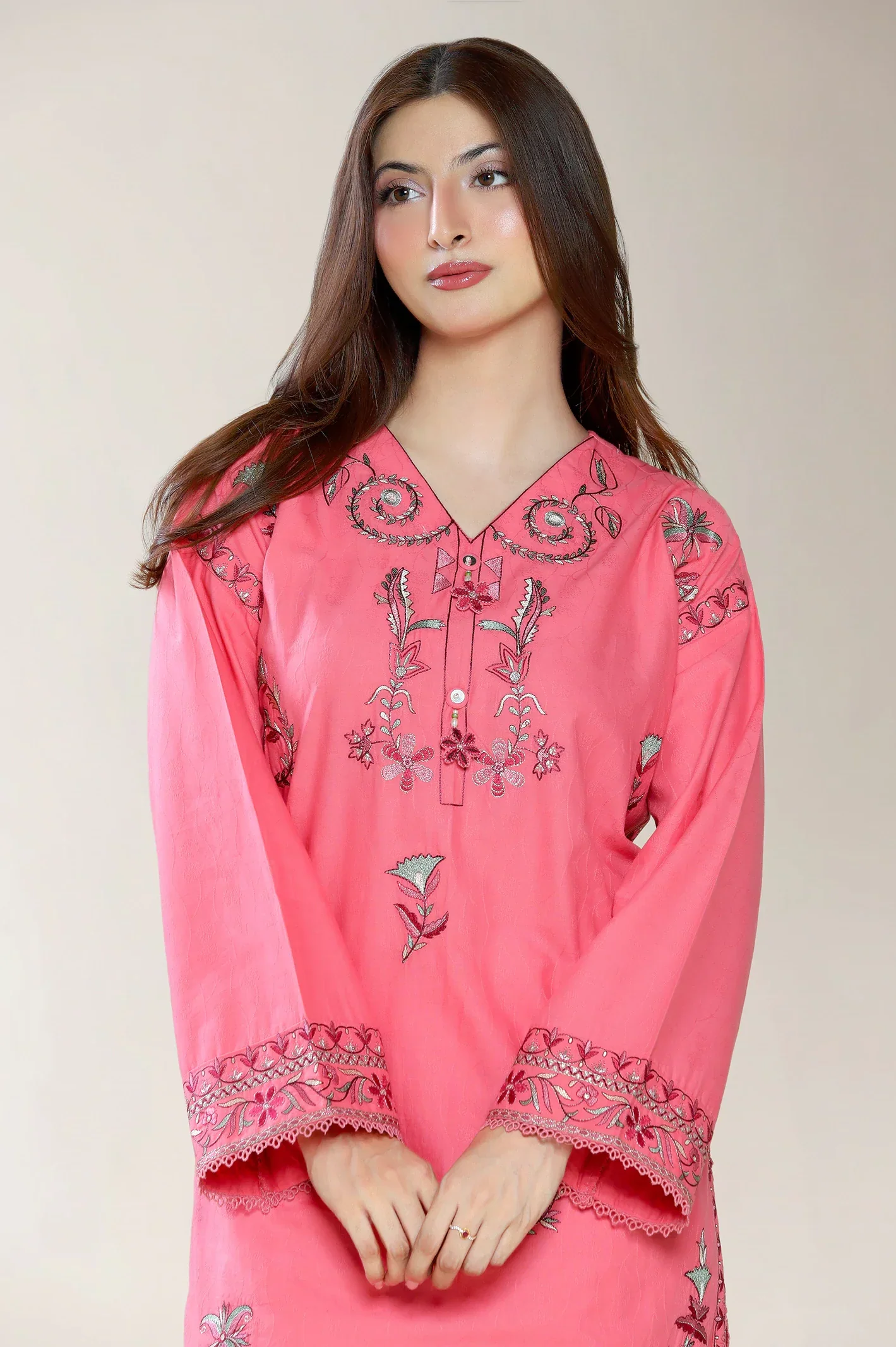 Embroidered Self Jacquard-Coral 2PC - Image 2