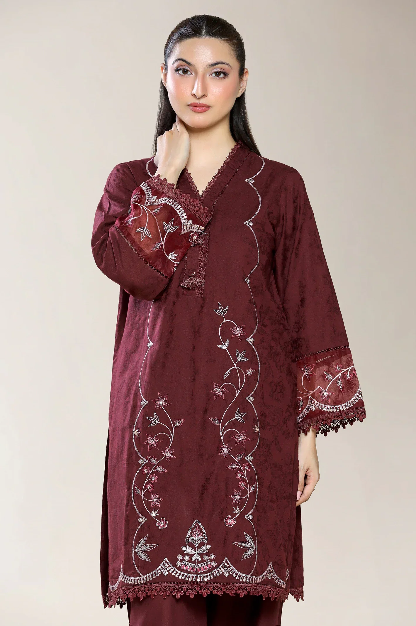 Embroidered Self Jacquard-Maroon 2PC