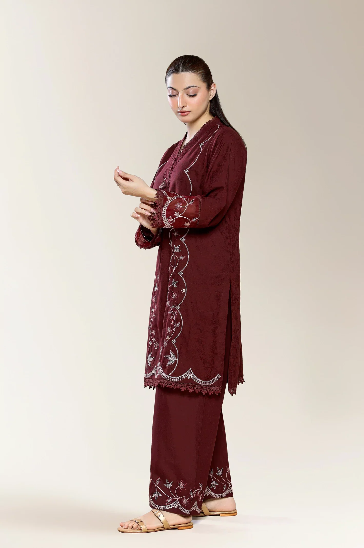 Embroidered Self Jacquard-Maroon 2PC - Image 2