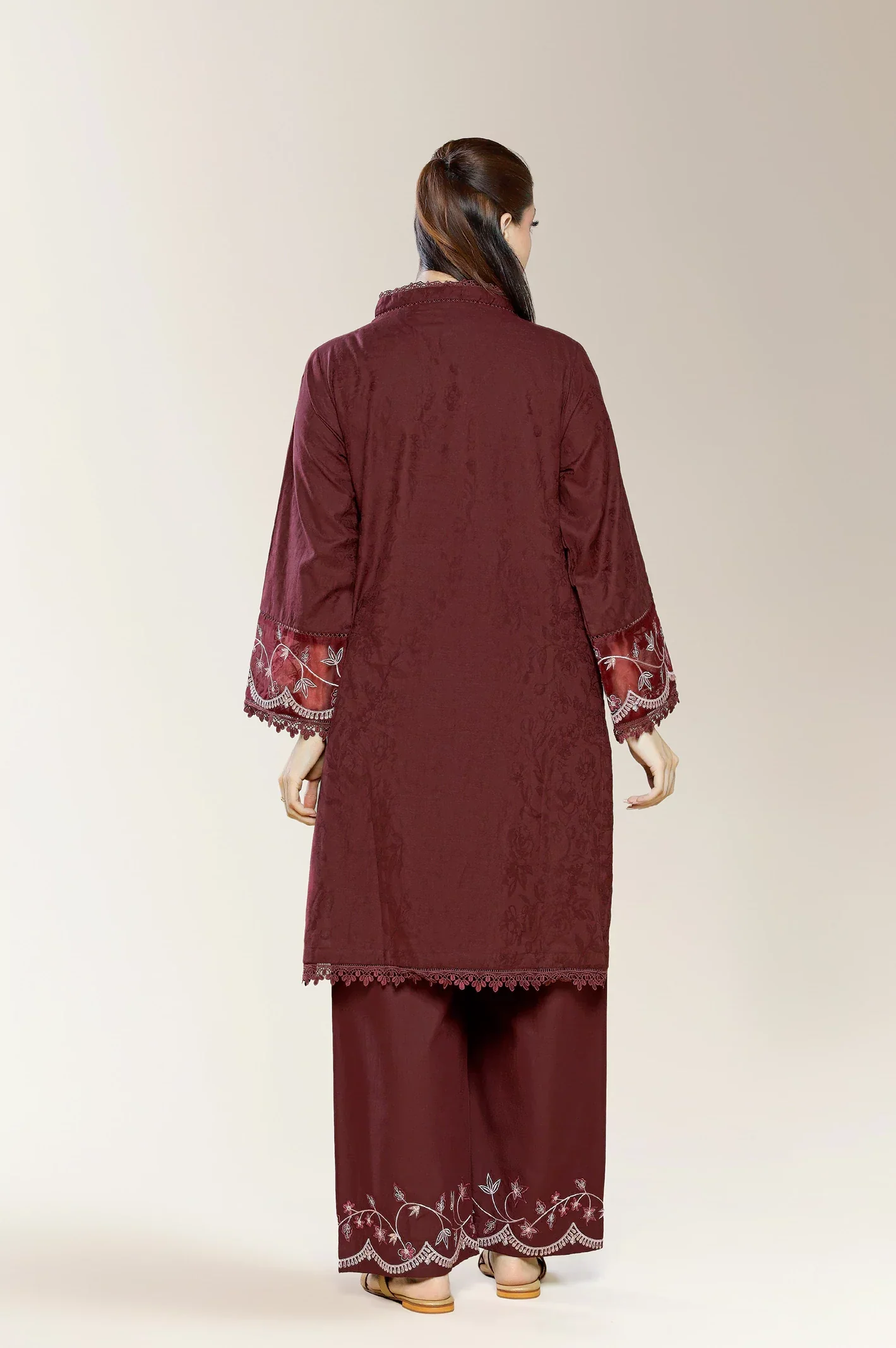 Embroidered Self Jacquard-Maroon 2PC - Image 3