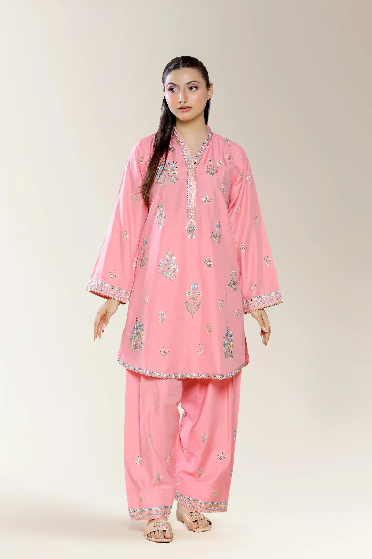 Embroidered Stapple Cotton-Pink 2PC