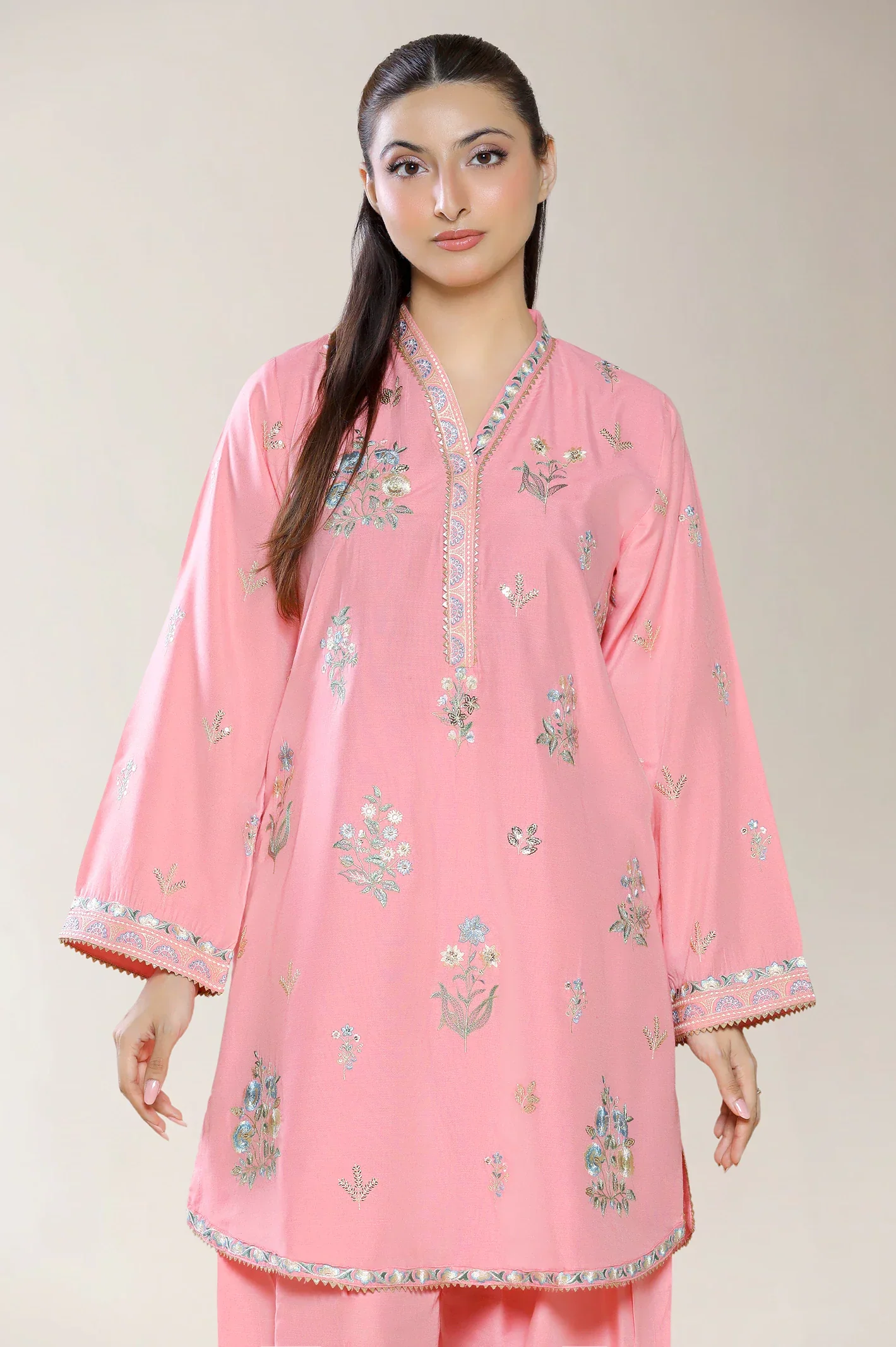 Embroidered Stapple Cotton-Pink 2PC - Image 2