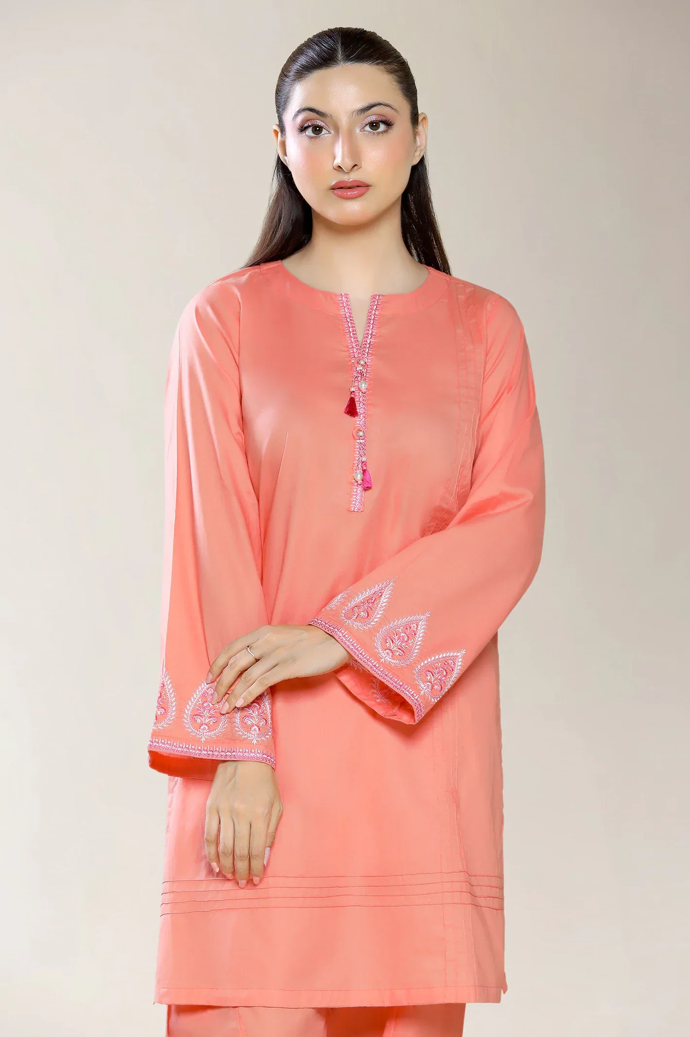 Embroidered Cambric-Coral 2PC - Image 2