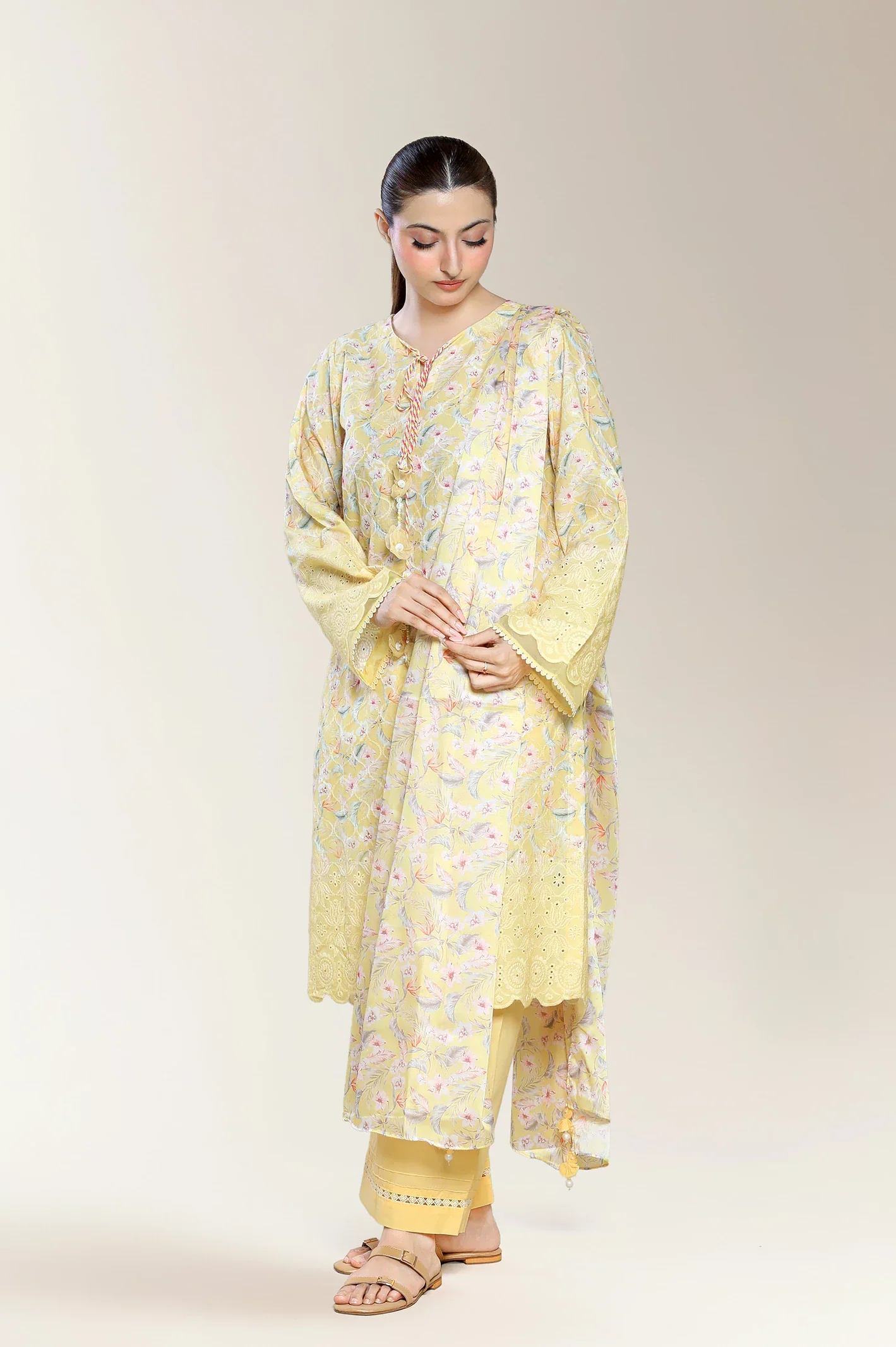 Embroidered Schiffli-Yellow 3PC