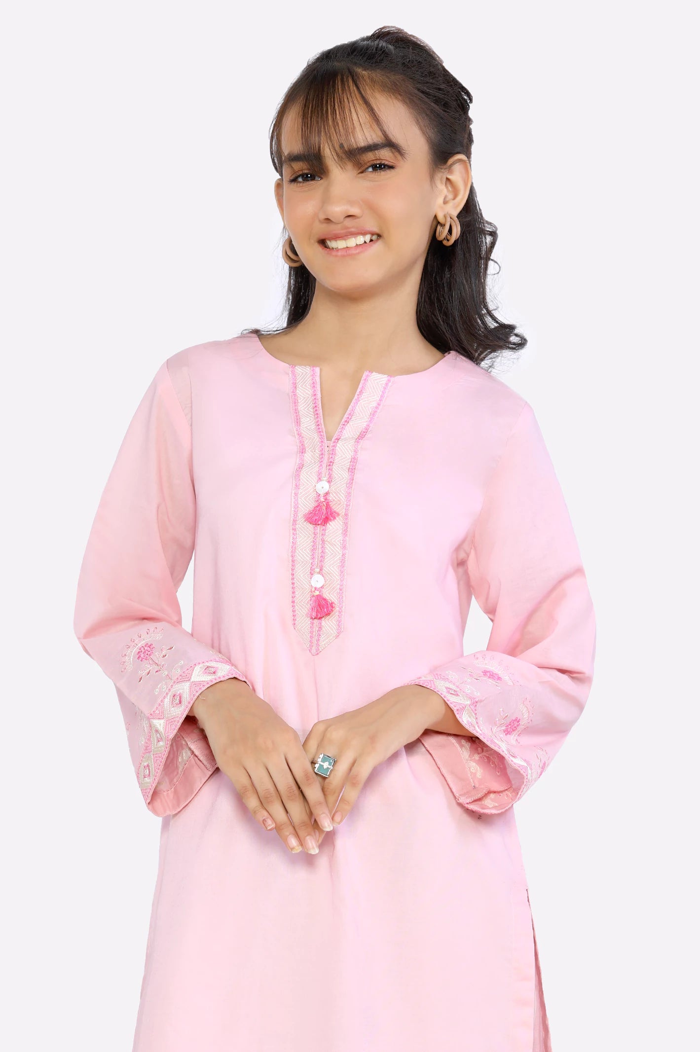 Pink Embroidered Teens Kurti - Image 2