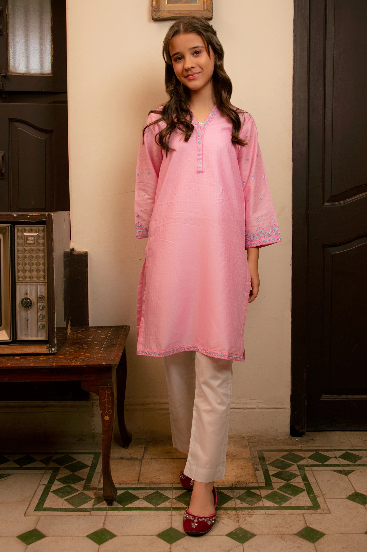 Pink Embroidered Teens Kurti - Image 2