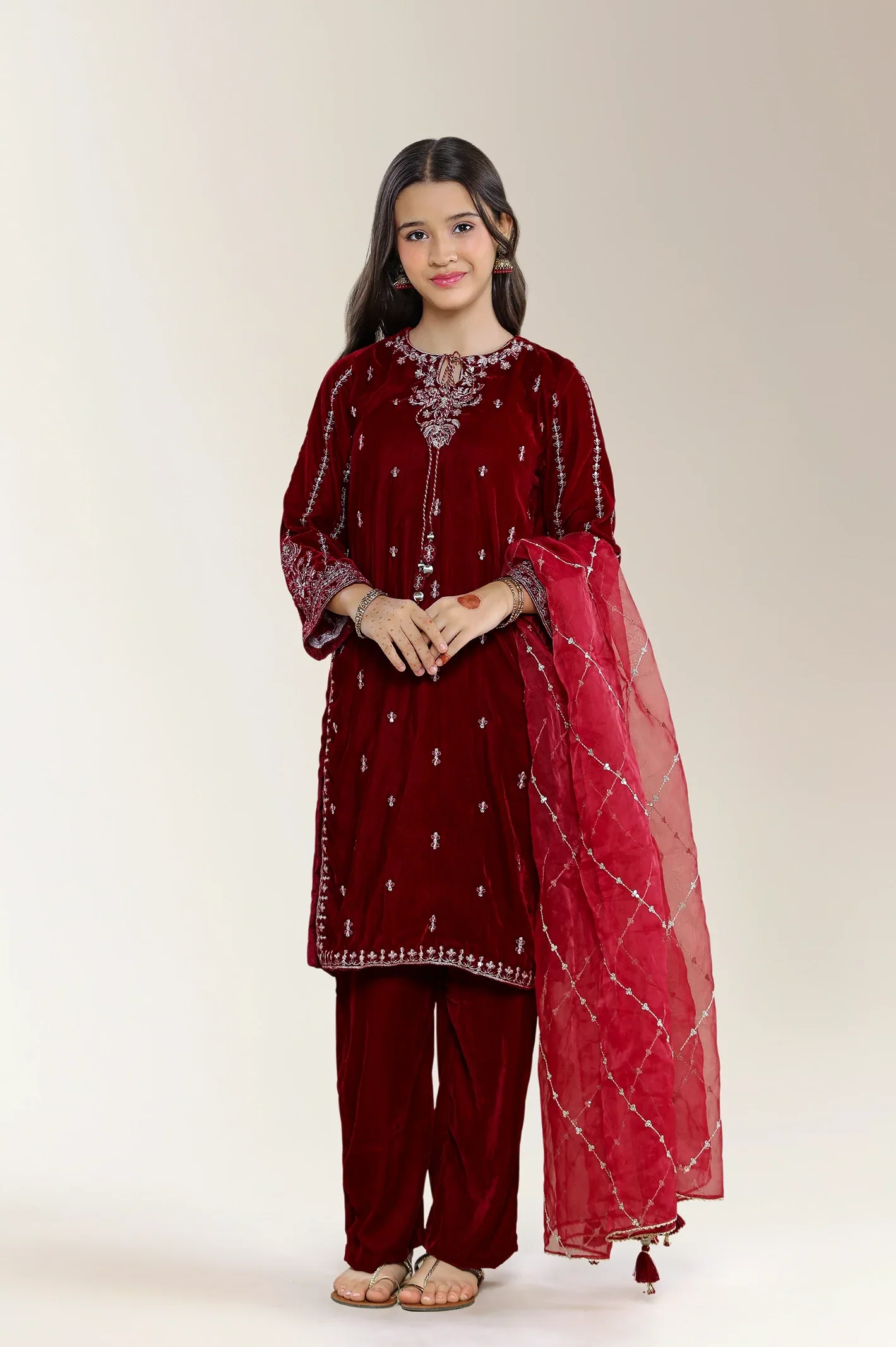 Embroidered Velvet Maroon Teens 3PC