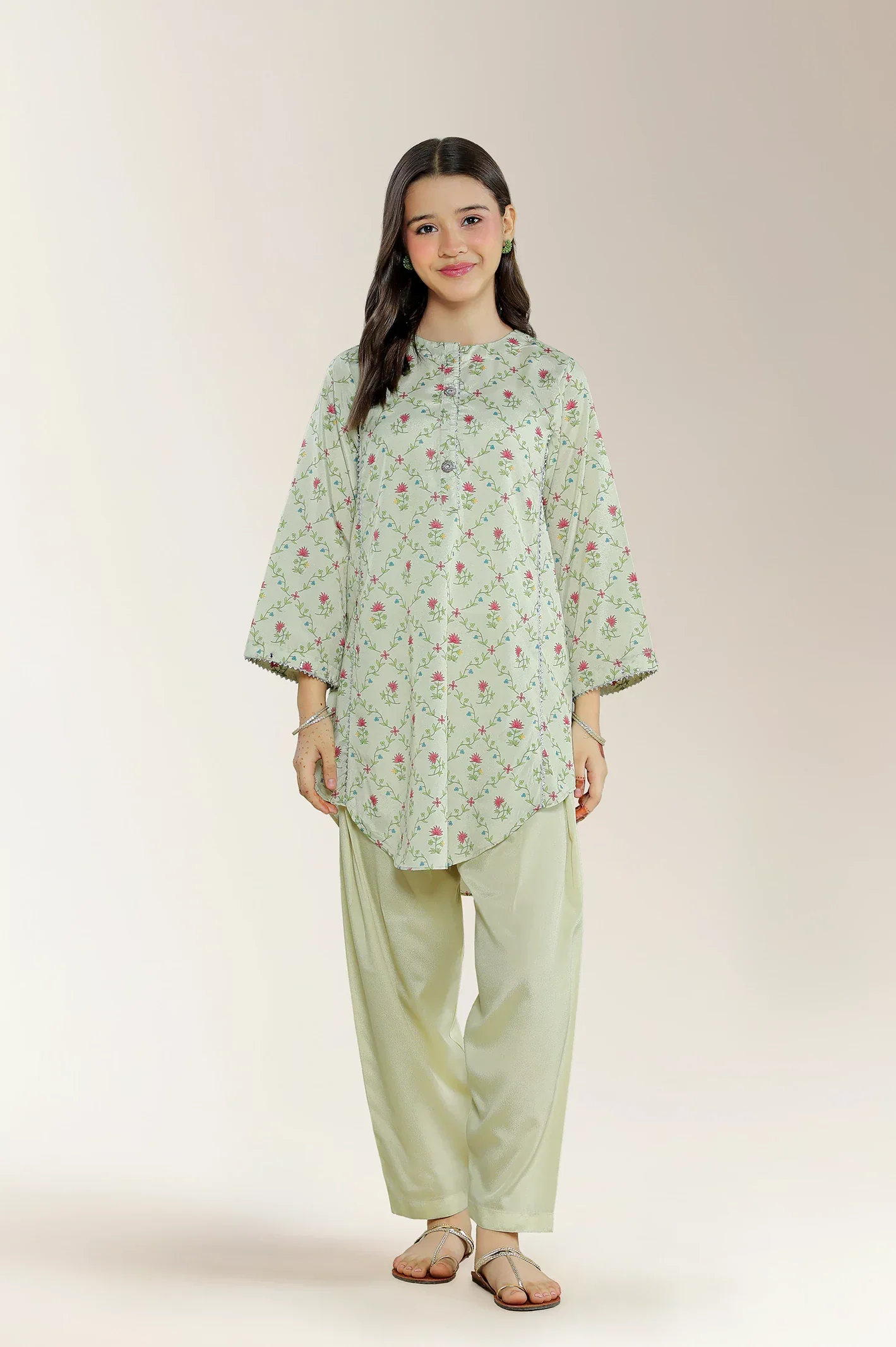Printed Silk Cream Teens 2PC