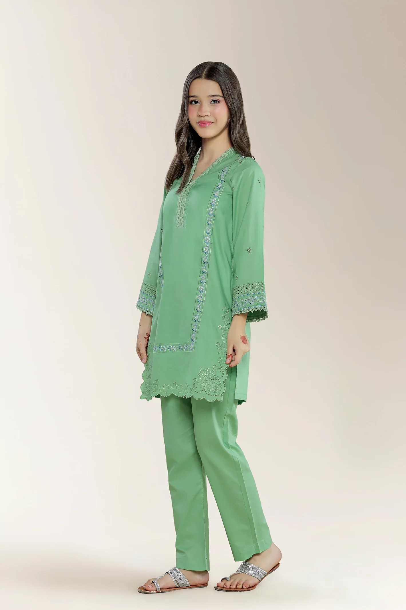 Embroidered Cambric Green Teens 2PC - Image 3