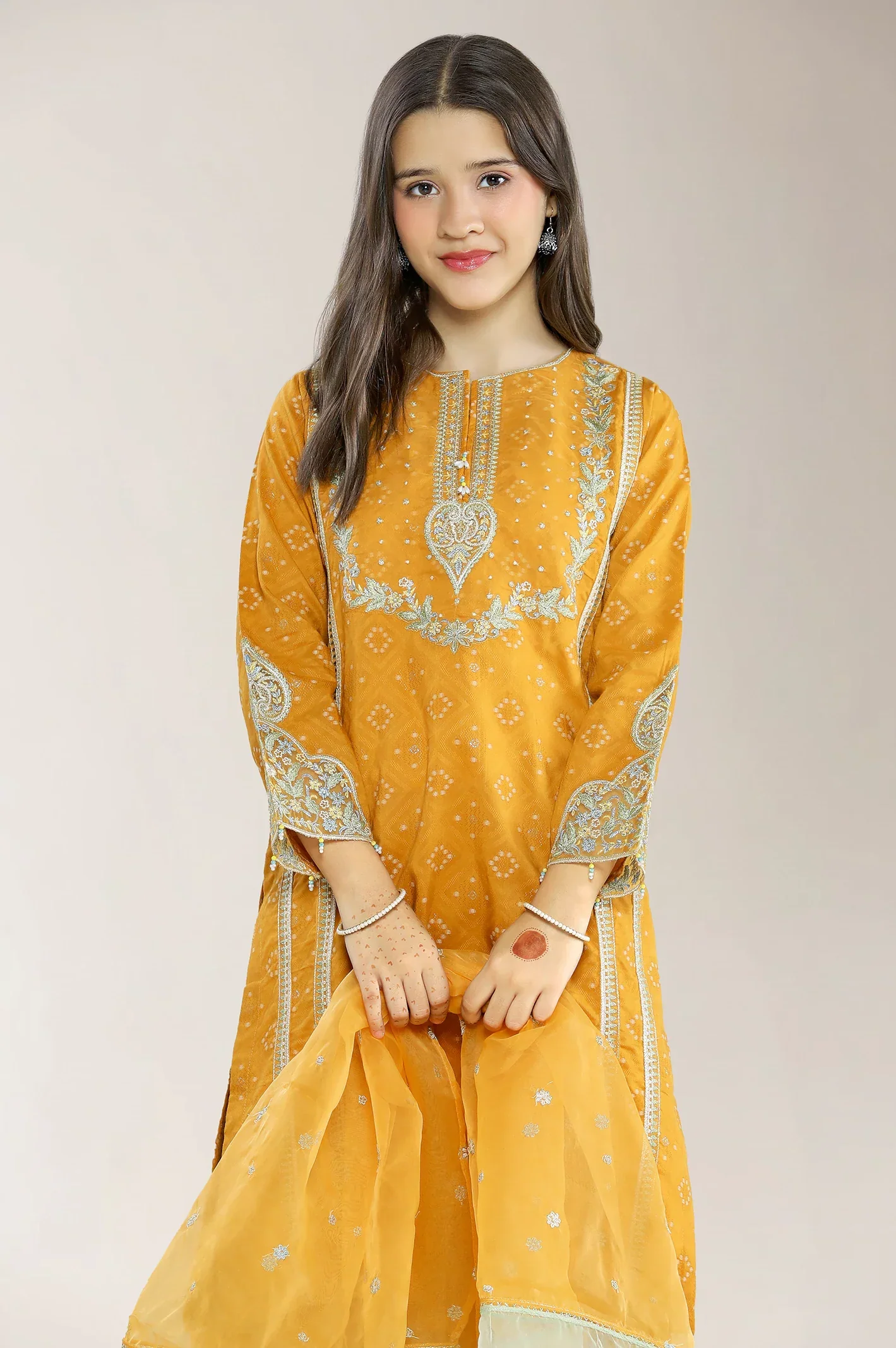 Embroidered Jacquard Mustard Teens 3PC - Image 2