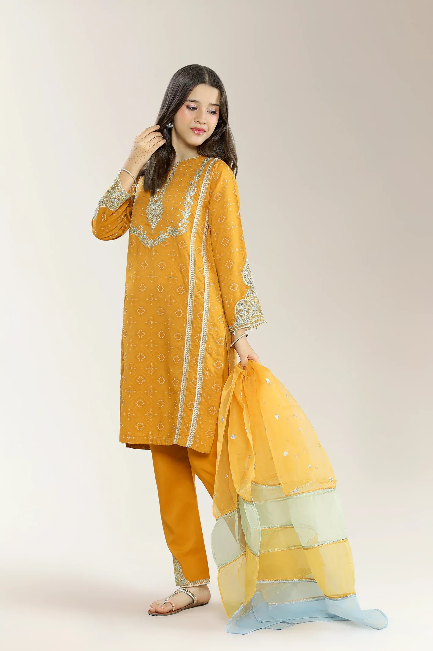 Embroidered Jacquard Mustard Teens 3PC - Image 3