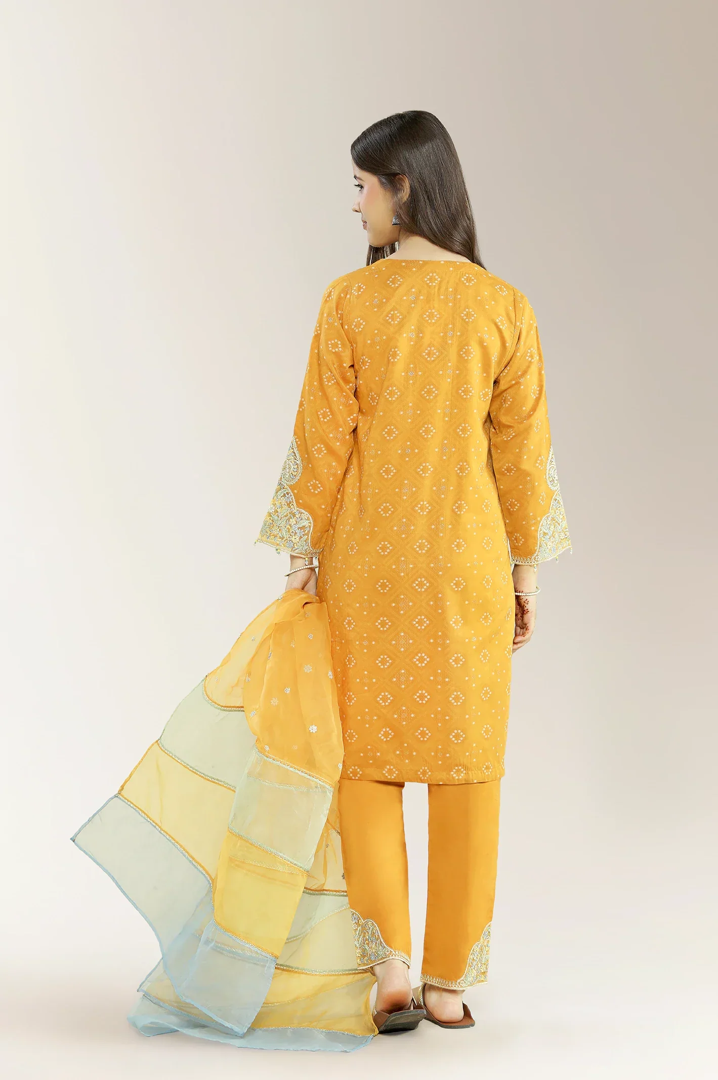 Embroidered Jacquard Mustard Teens 3PC - Image 4