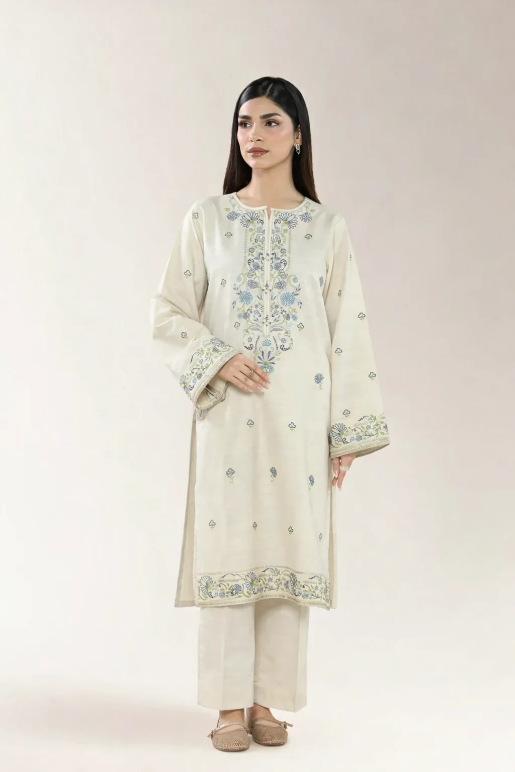 Embroidered Khaddar-Cream Unstitched 2PC - Image 2