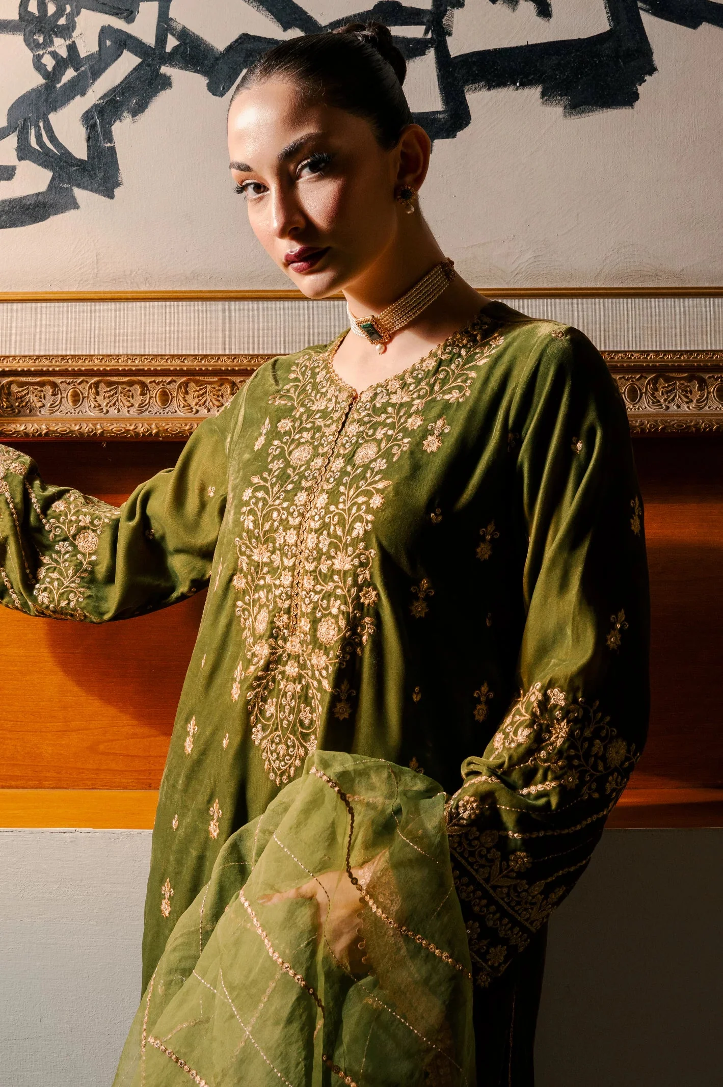 Green Embroidered 3PC Unstitched - Image 2