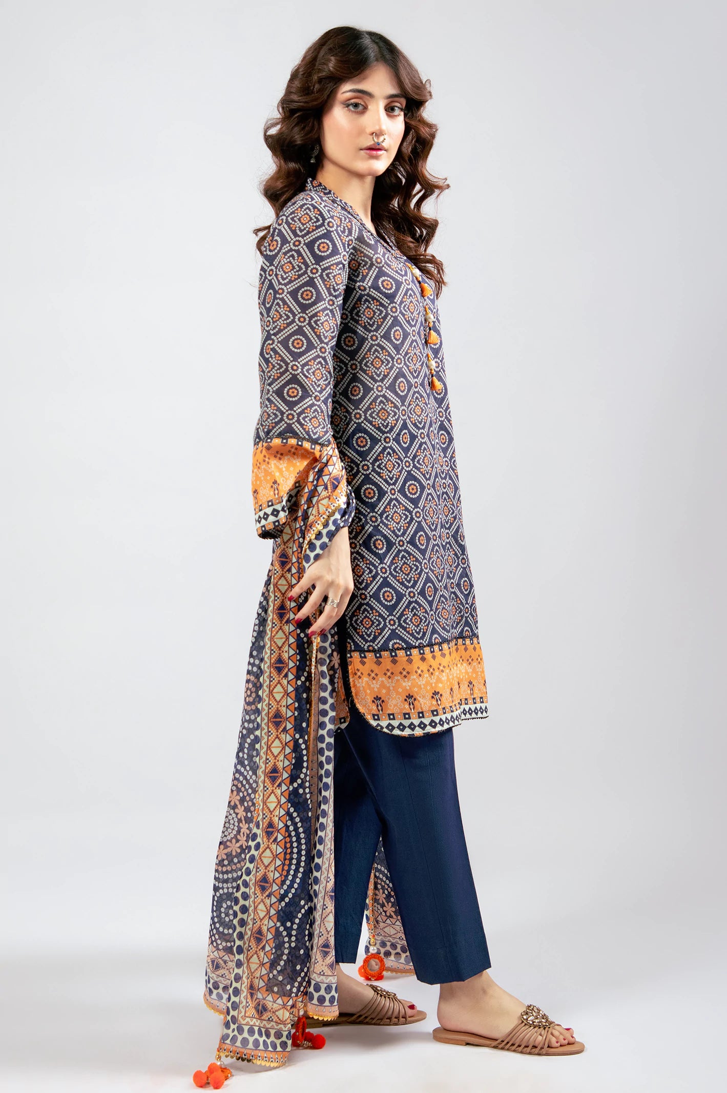 Navy Blue Printed 3PC Unstitched - Image 4