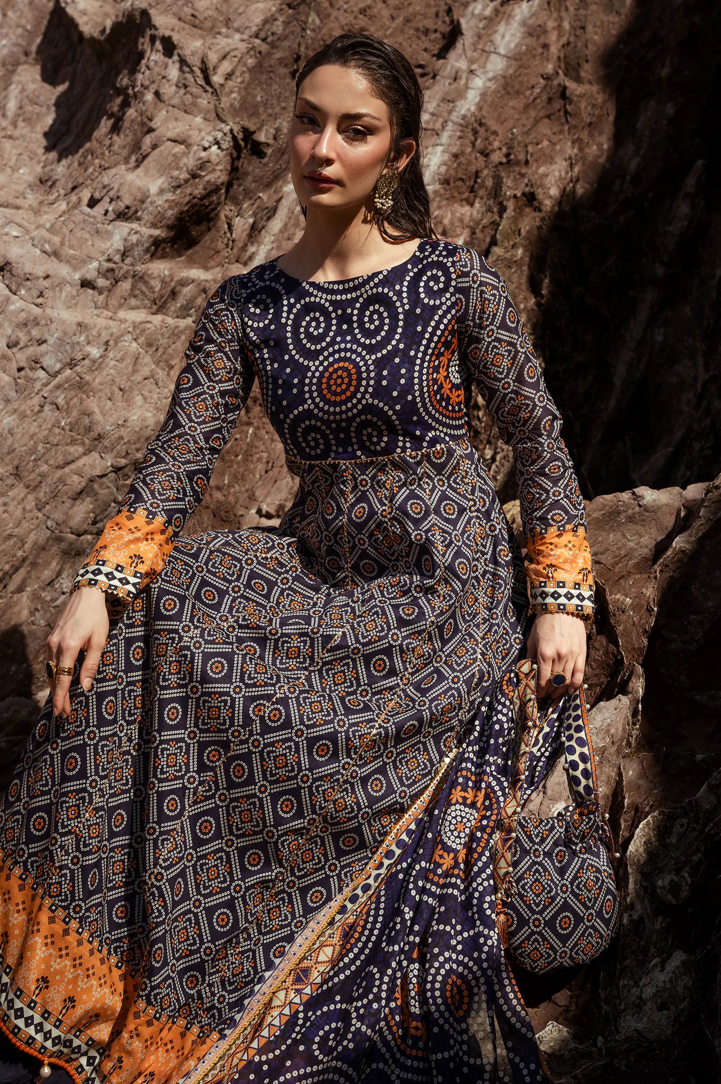 Navy Blue Printed 3PC Unstitched - Image 6