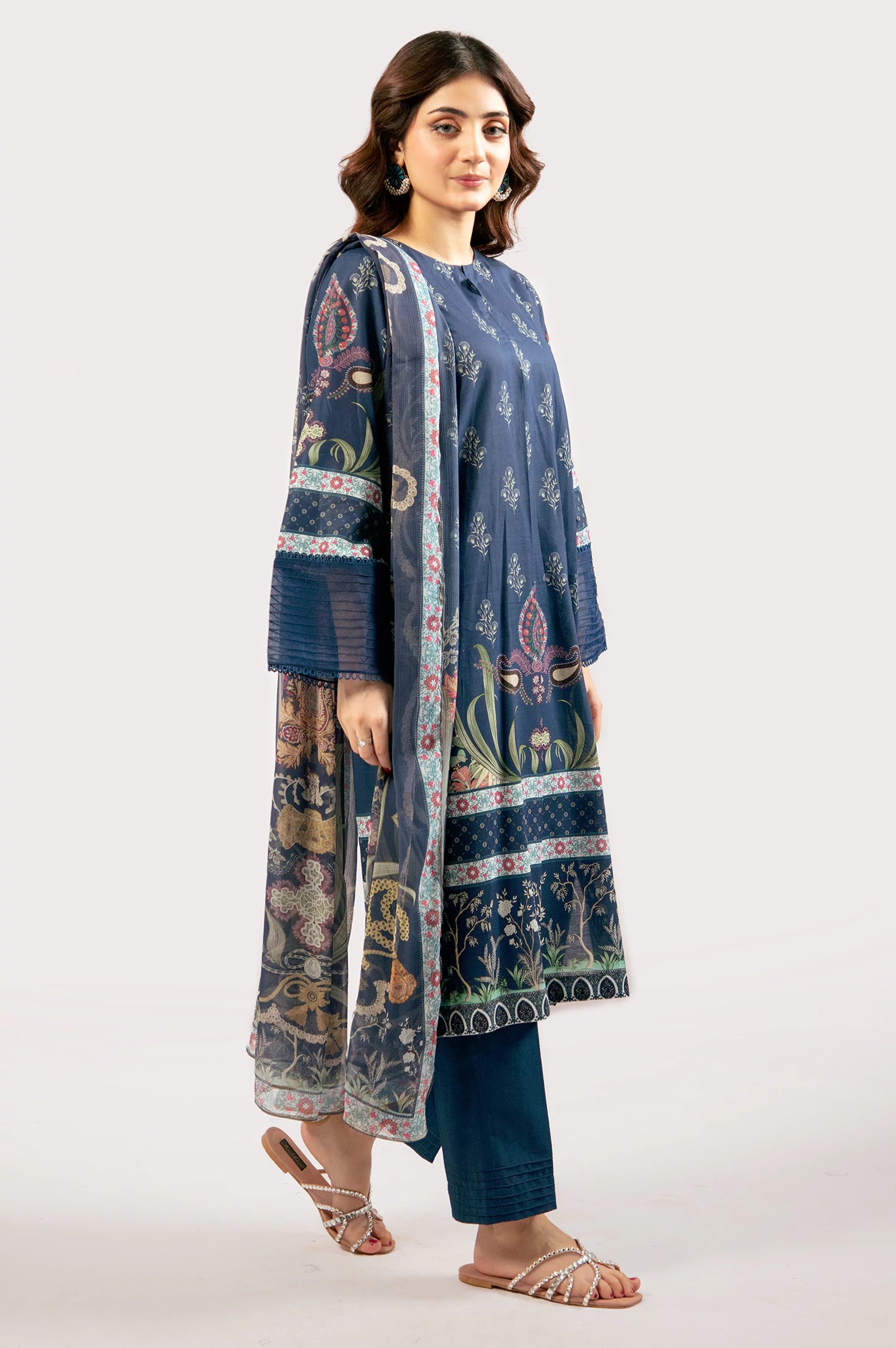 Navy Blue Printed 3PC Unstitched - Image 3