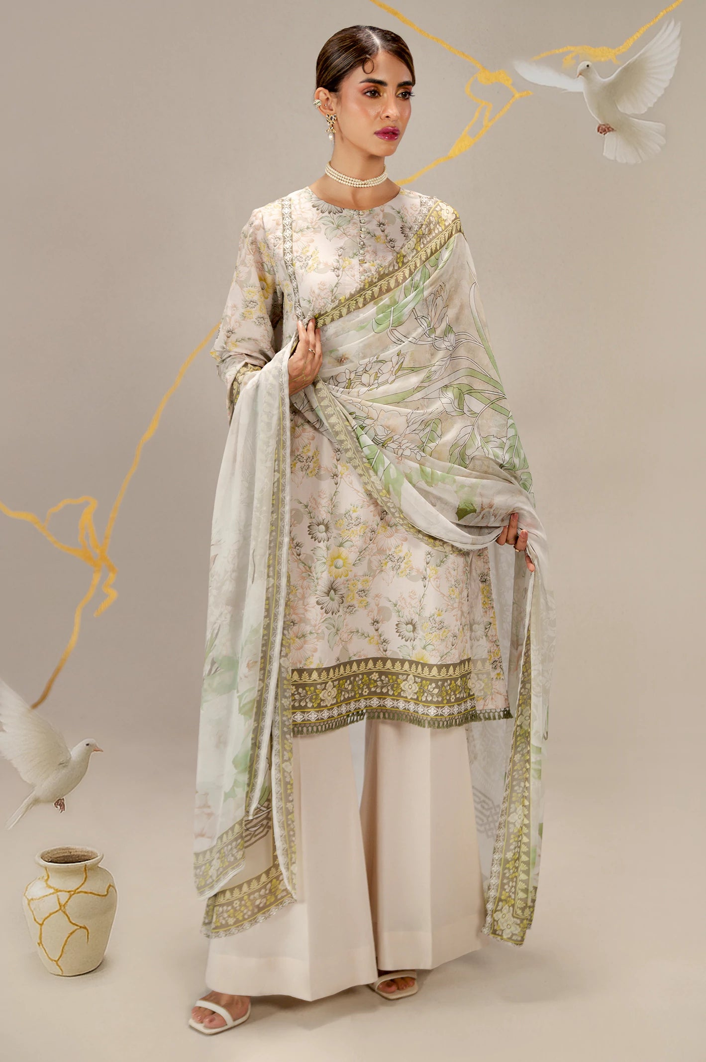 Cream Printed 3PC Unstitched