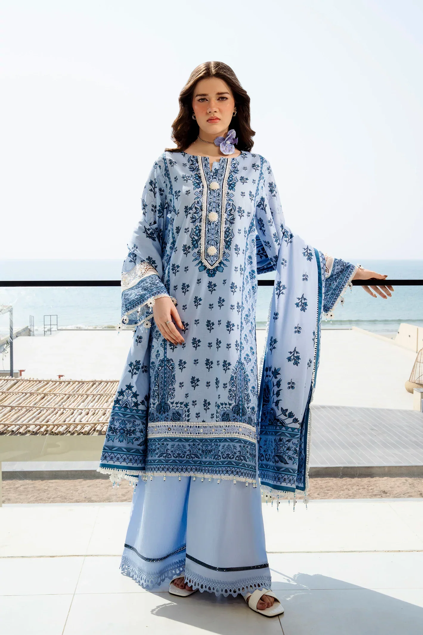 Printed Lawn-Light Blue Unstitched 3PC - Image 2