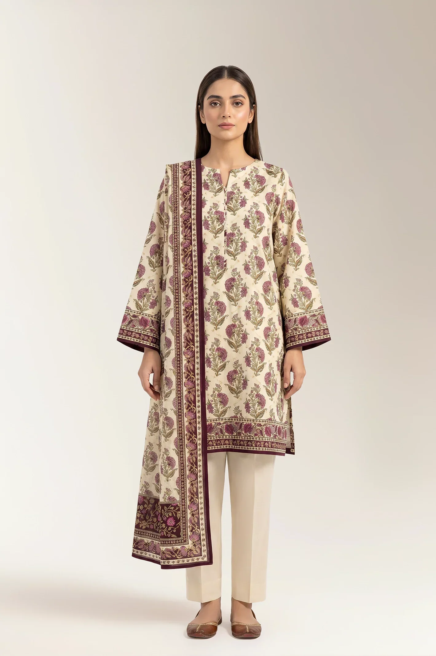 Printed Lawn-Beige Unstitched 3PC
