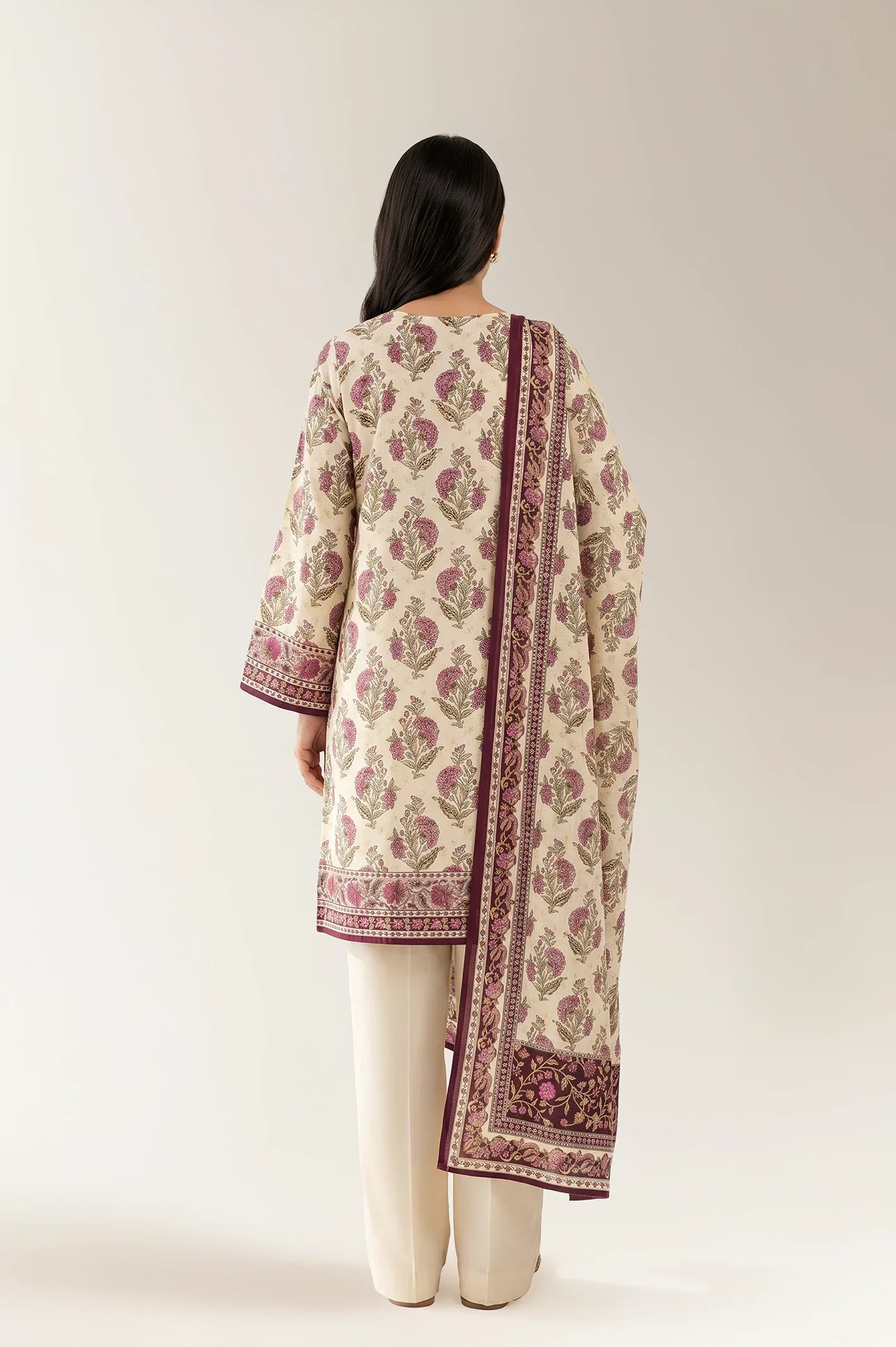 Printed Lawn-Beige Unstitched 3PC - Image 2