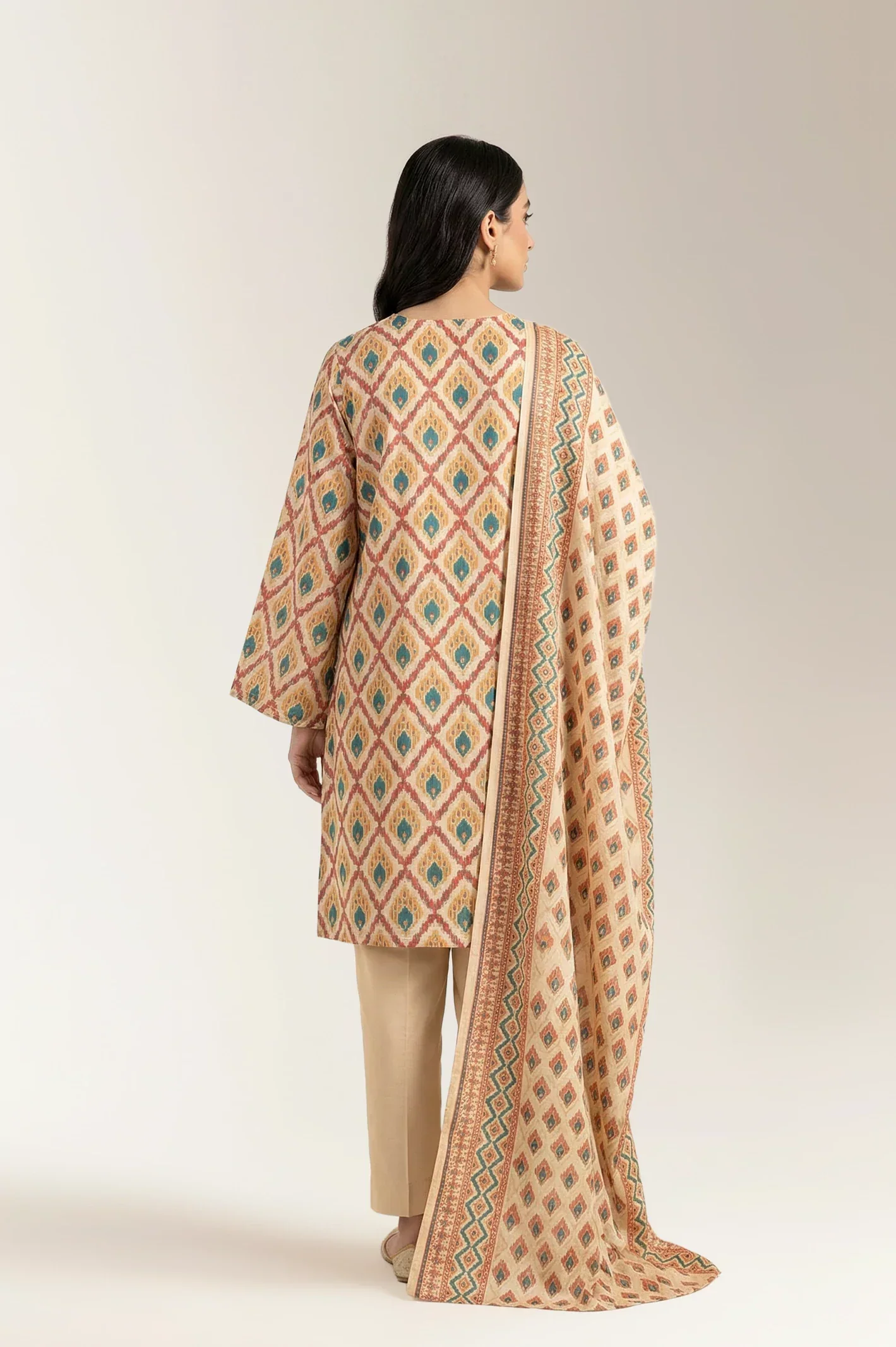 Printed Lawn-Beige Unstitched 3PC - Image 2